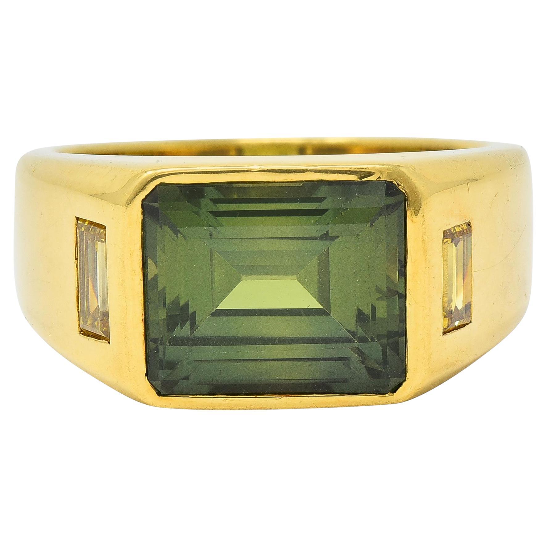 BRASH 8.08 CTW Green Sapphire Diamond 18 Karat Gold Three Stone Men's Ring For Sale
