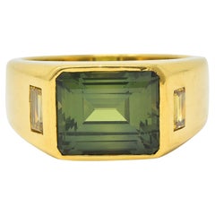 BRASH 8.08 CTW Green Sapphire Diamond 18 Karat Gold Three Stone Men's Ring