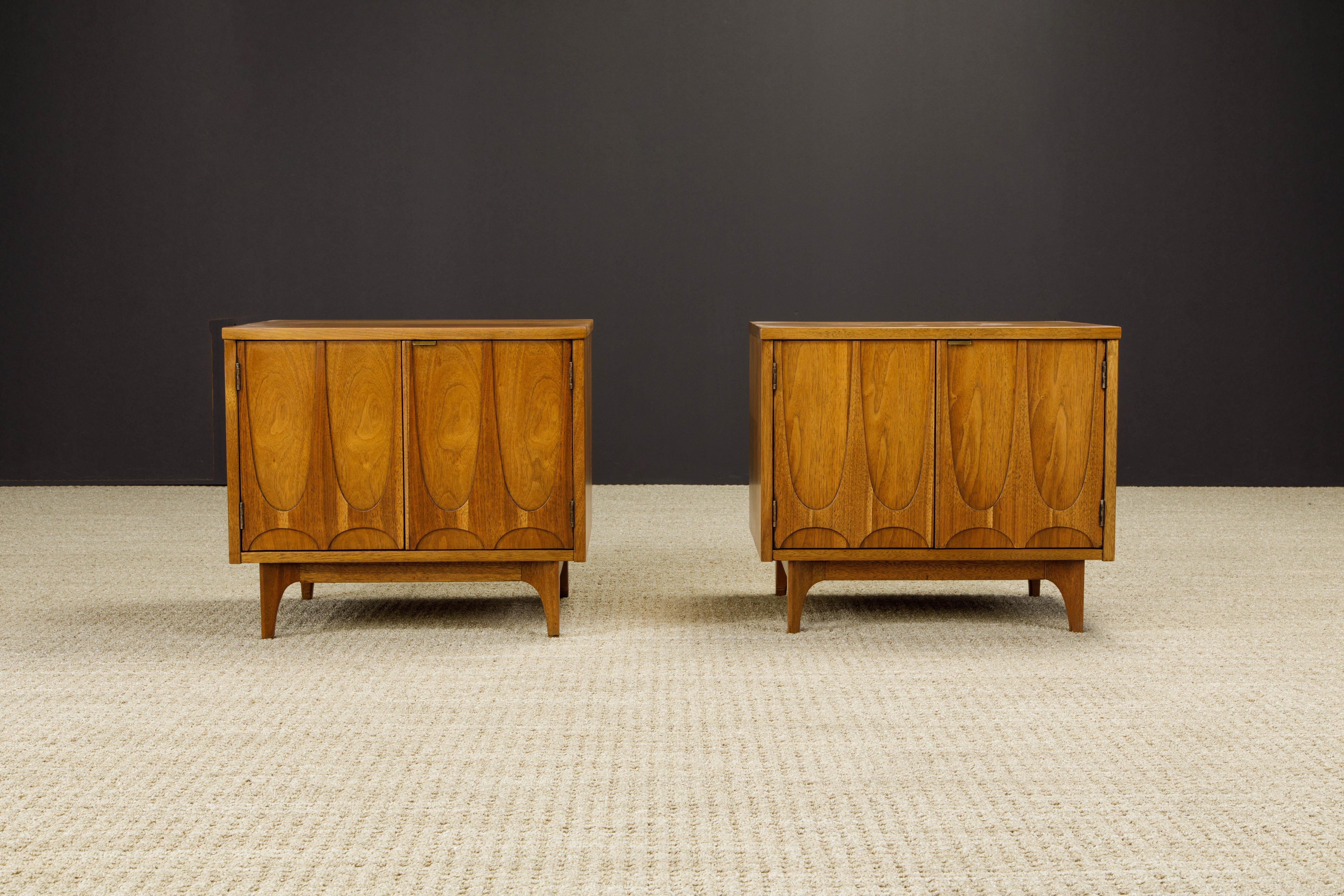 This gorgeous pair of 'Brasilia' end tables (which also work great as side tables, nightstands or small cabinets) was just refinished and are ready for immediate use. This beautiful pair of end tables features the signature Brasilia sculpted front