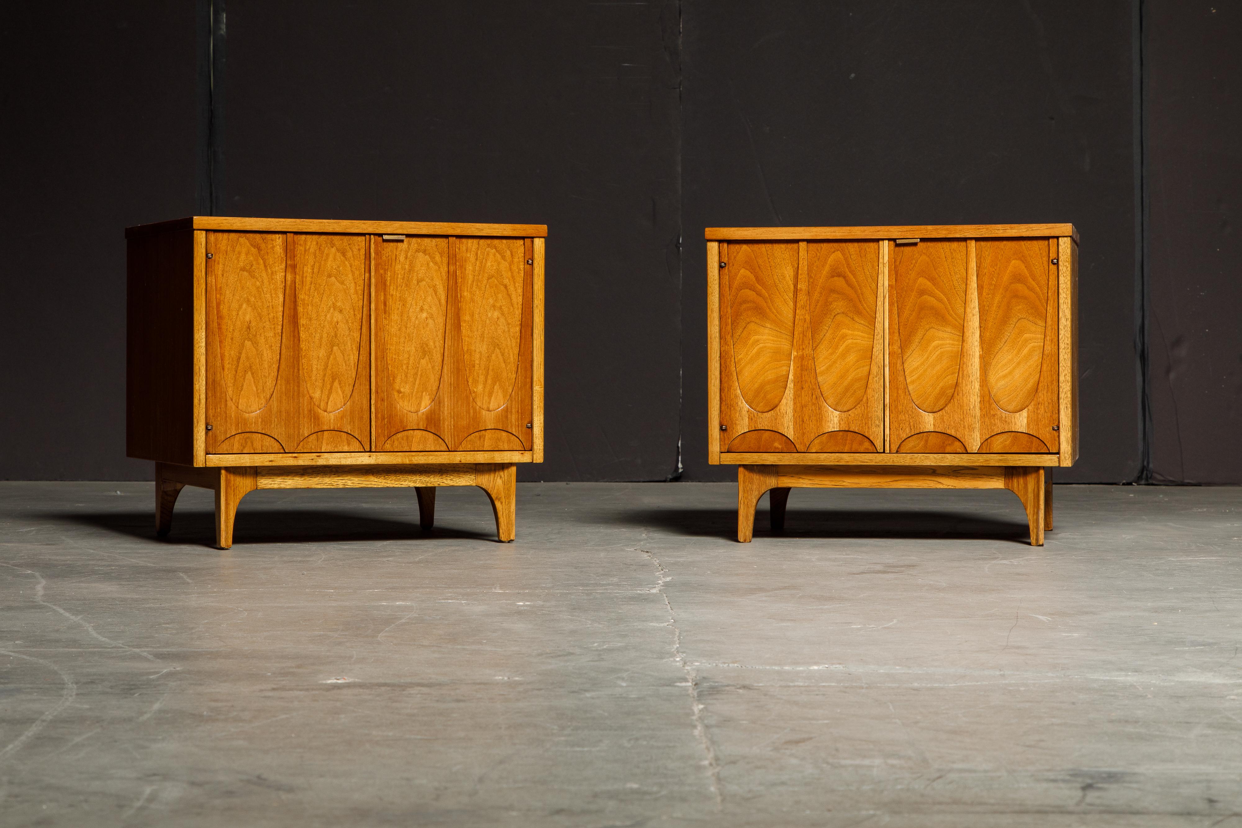 This gorgeous pair of 'Brasilia' end tables (which also work great as side tables, nightstands or small cabinets) was just refinished and is such a gorgeous piece. This beautiful pair of end tables features the signature Brasilia sculpted front