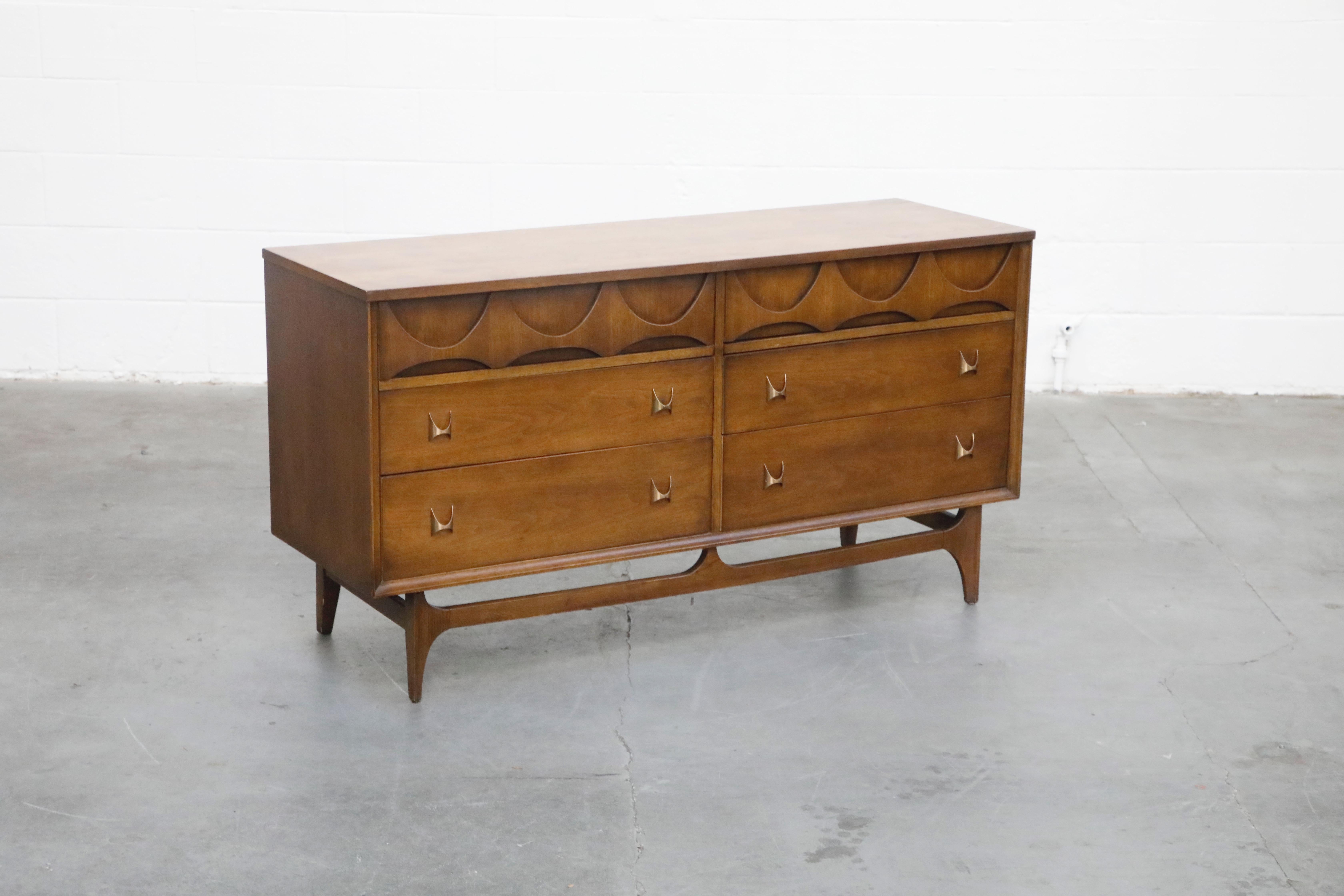 American 'Brasilia' by Broyhill Premiere Sculptural Dresser w Brass Pulls, 1960s, Signed 