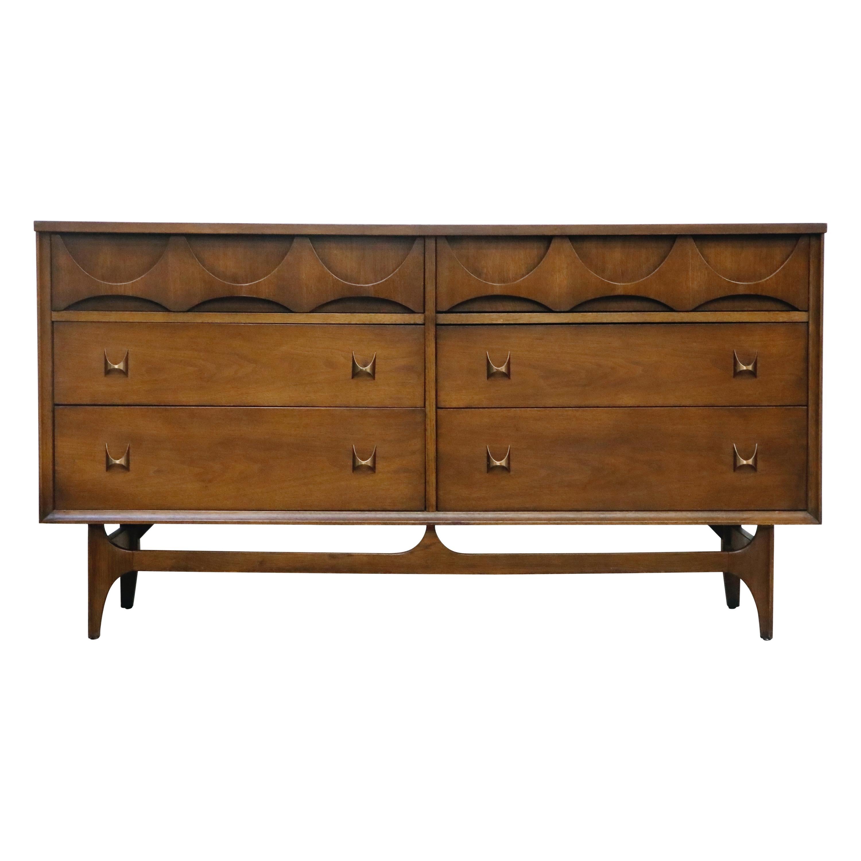 'Brasilia' by Broyhill Premiere Sculptural Dresser w Brass Pulls, 1960s, Signed 