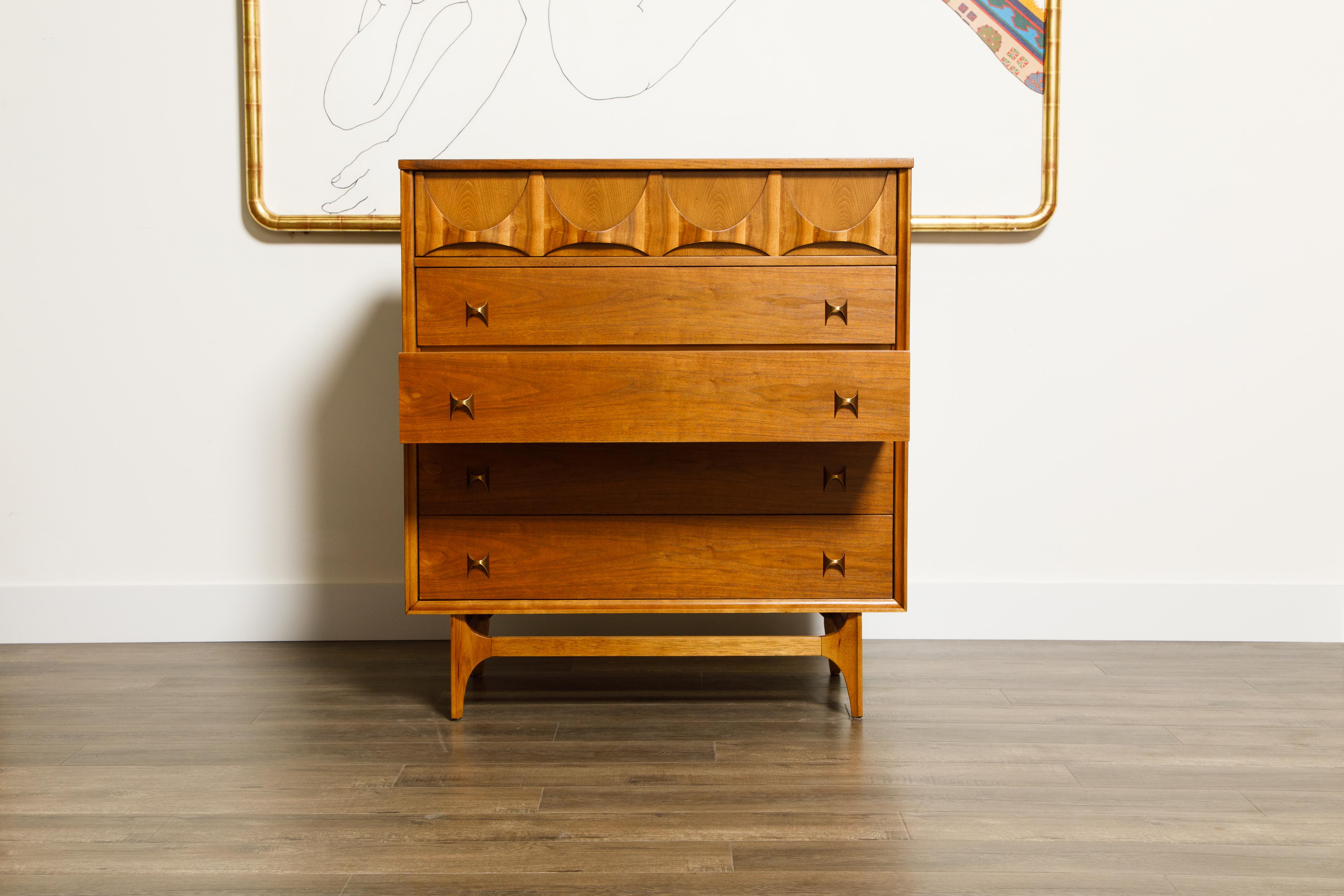 'Brasilia' Highboy Dresser by Broyhill Premiere, Refinished, 1960s, Signed  In Excellent Condition For Sale In Los Angeles, CA
