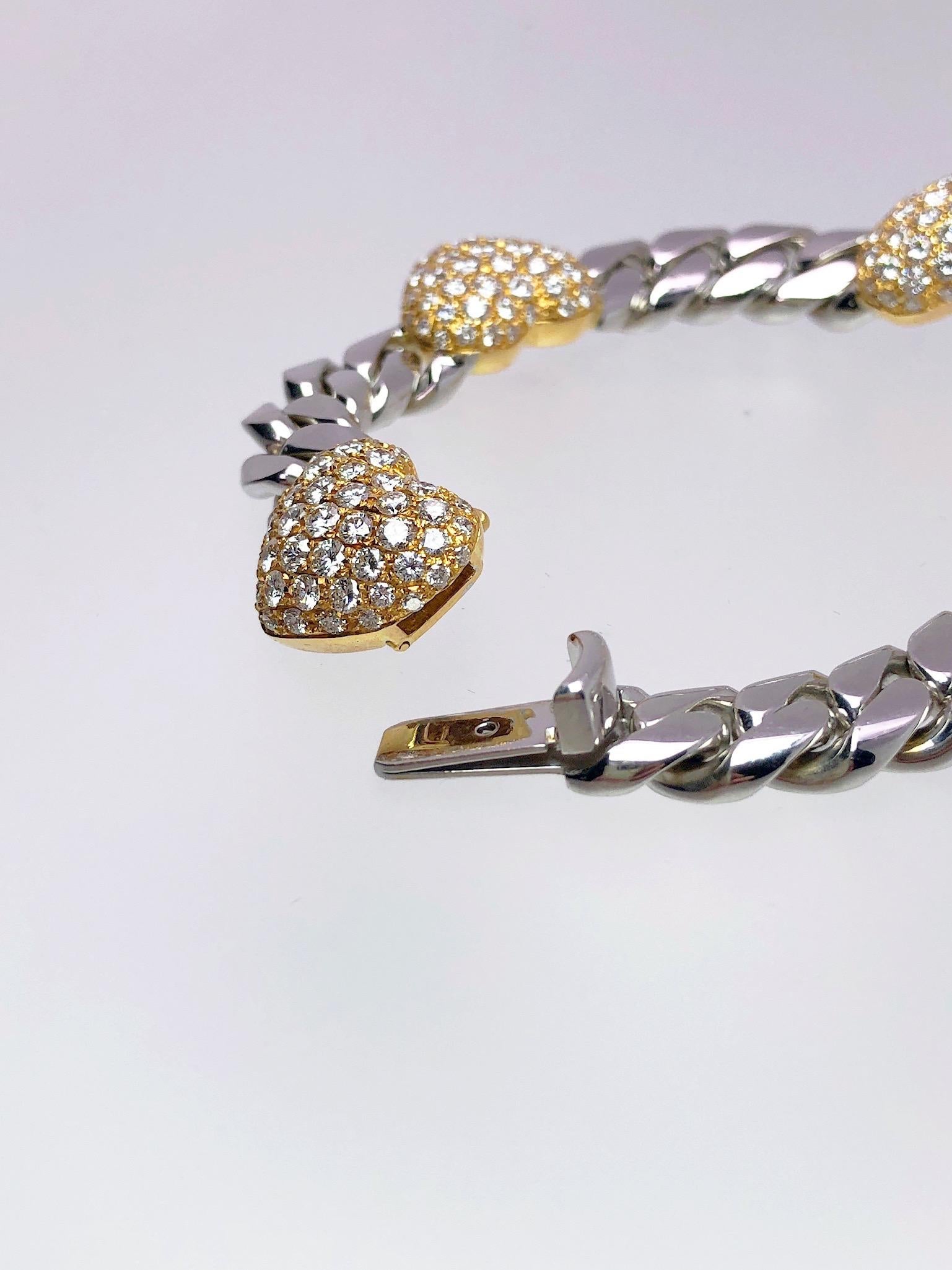 Modern Brasolin 18KT White & Rose Gold Puffed heart Link Bracelet with 7.46CT. Diamonds For Sale