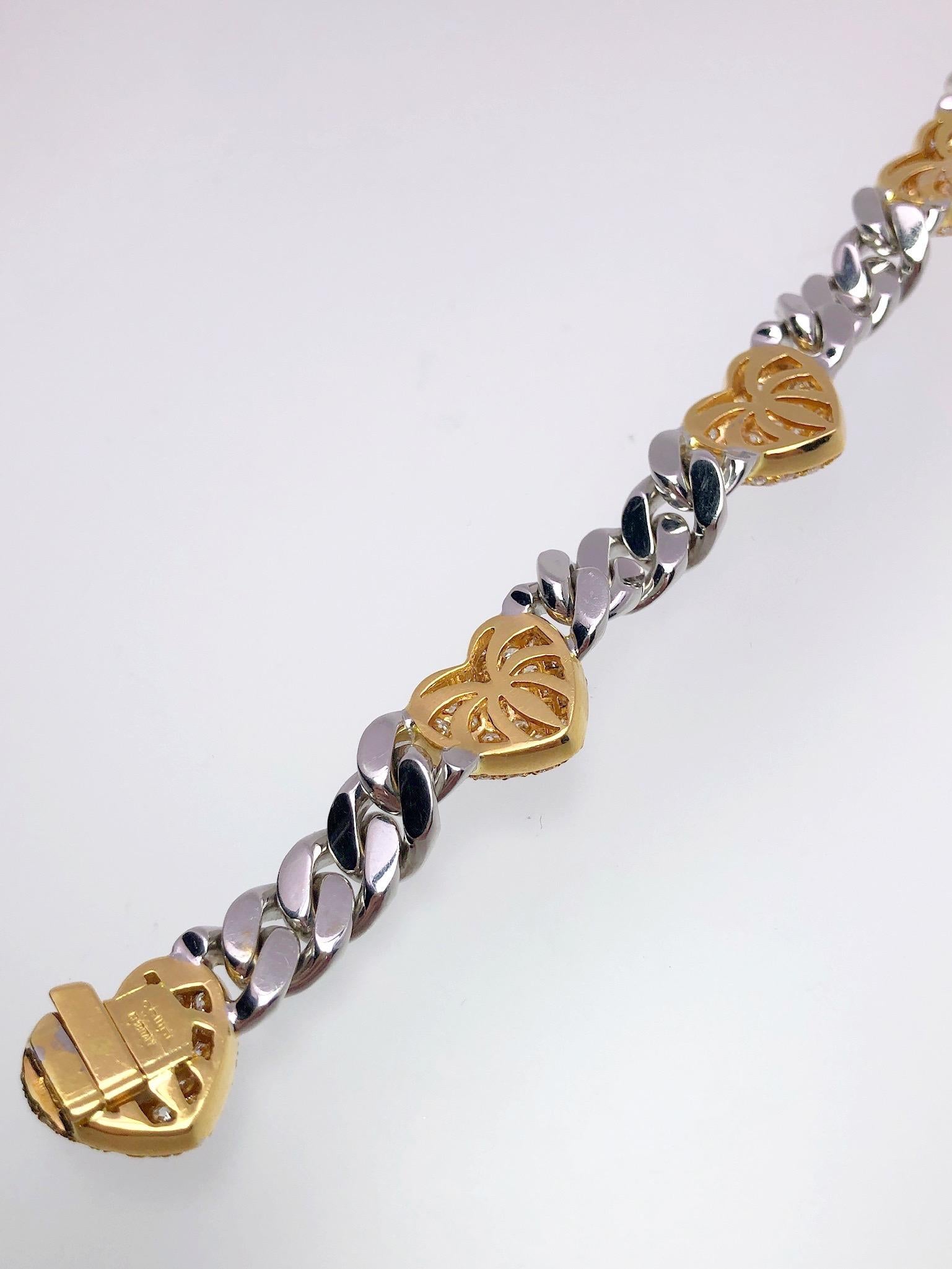 Brasolin Brasolin Bracelet à maillons en or blanc et rose 18 carats avec cœurs froncés de 7,46 carats. Diamants en vente 1