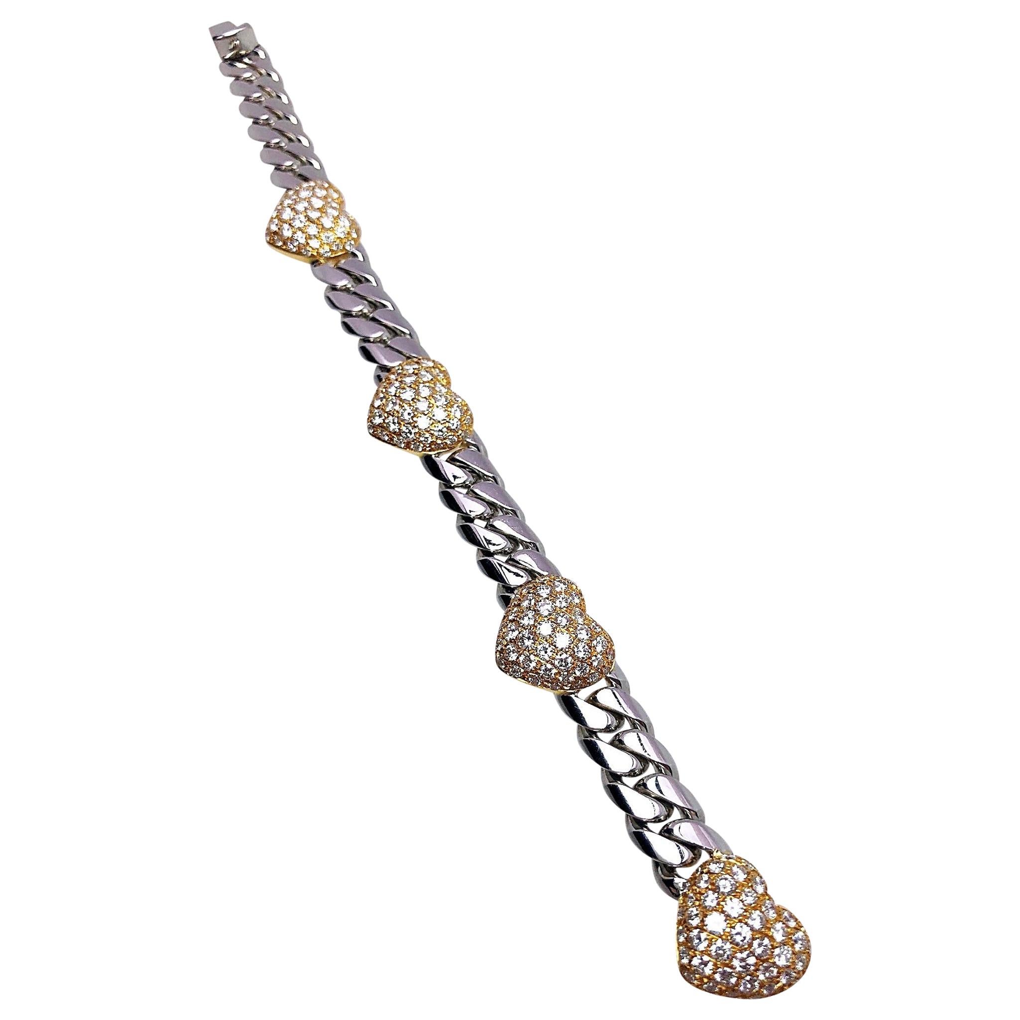 Brasolin Brasolin Bracelet à maillons en or blanc et rose 18 carats avec cœurs froncés de 7,46 carats. Diamants en vente