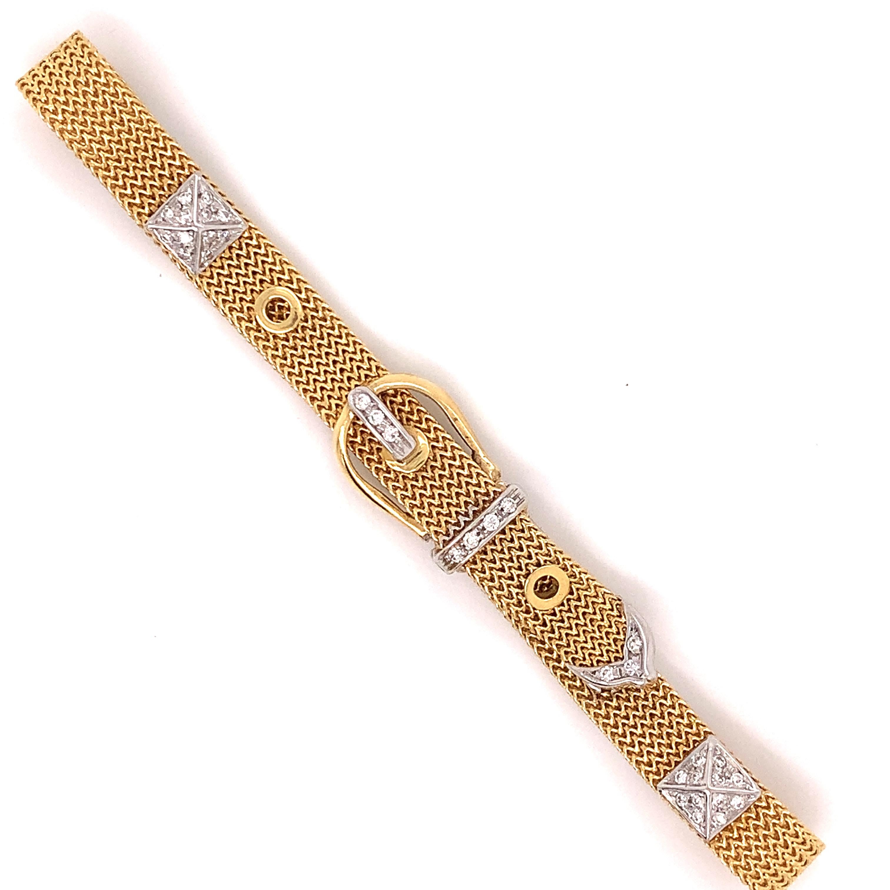Round Cut Brasolin Diamond and 18Kt Yellow Gold Italian Buckle Bracelet