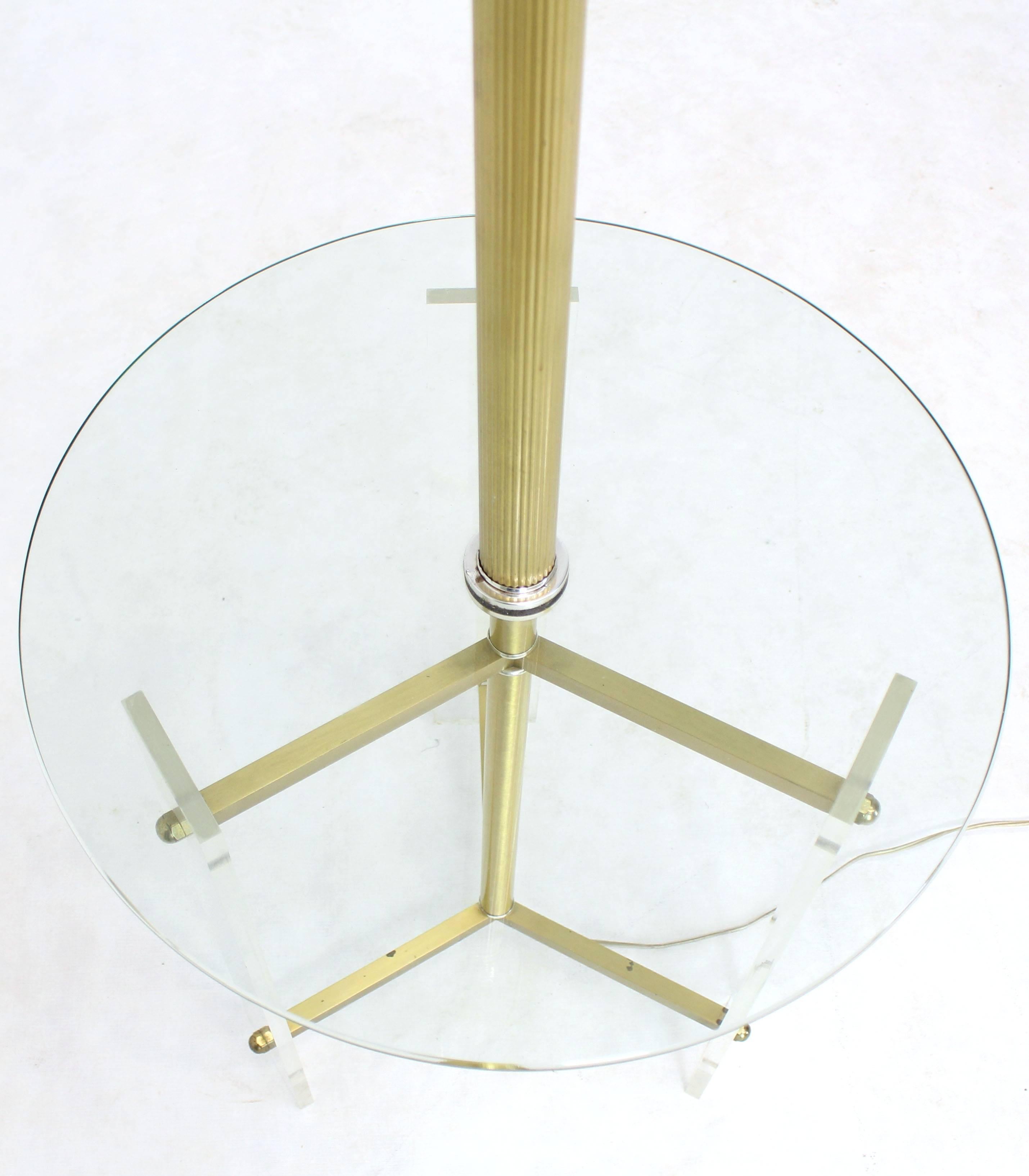 Mid-Century Modern Brass and Lucite Tripod Leg Floor Lamp Glass Side Table For Sale