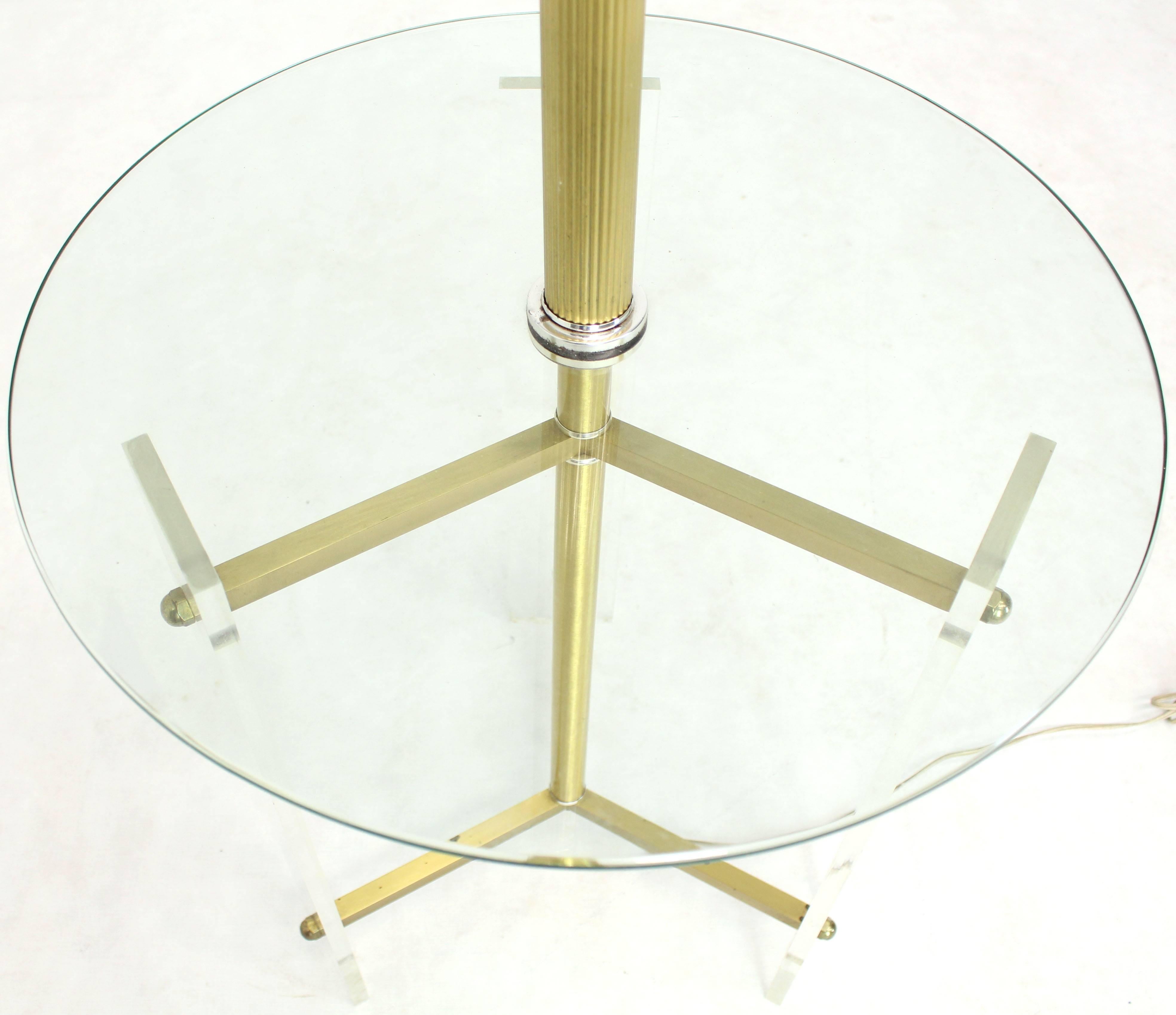 American Brass and Lucite Tripod Leg Floor Lamp Glass Side Table For Sale