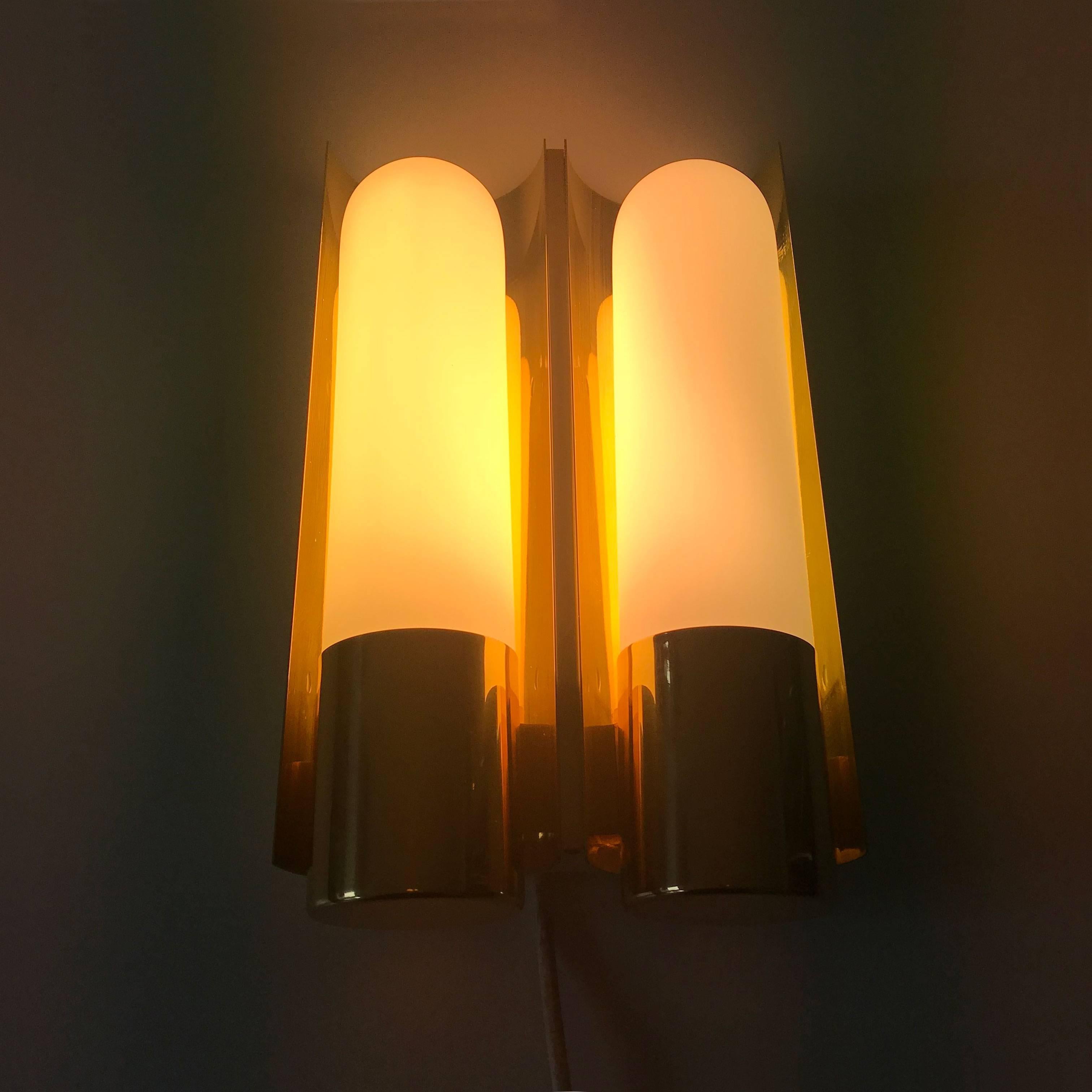 Late 20th Century Brass and Opaline Glass Wall Light by Glashütte Limburg Germany 1980s For Sale