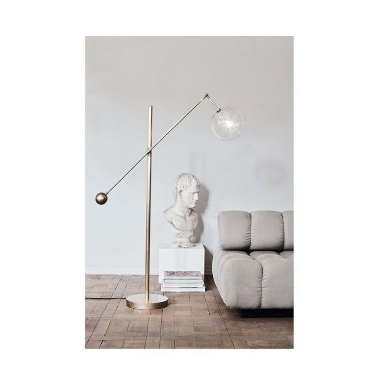 Glass Brass 1 Arm Floor Lamp by Schwung For Sale