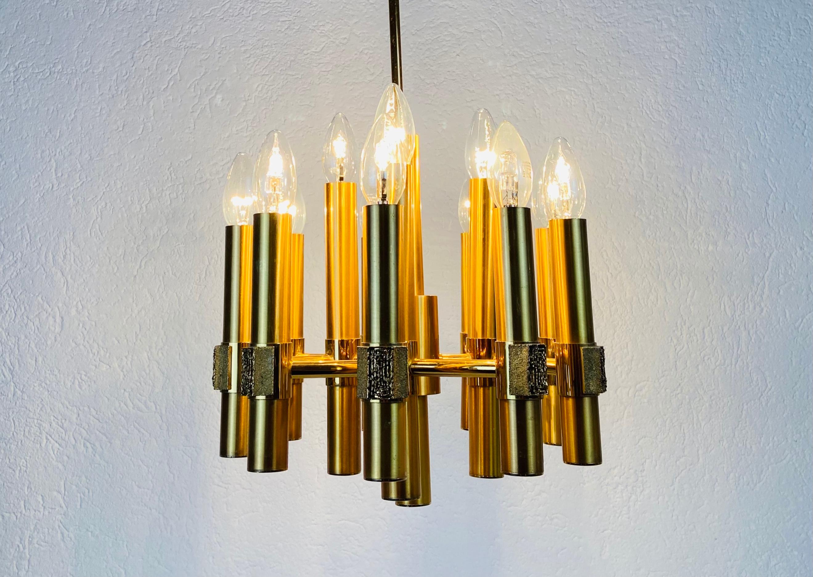 Brass 12-Arm Chandelier by Angelo Brotto for Esperiai, Italy, 1960s For Sale 1
