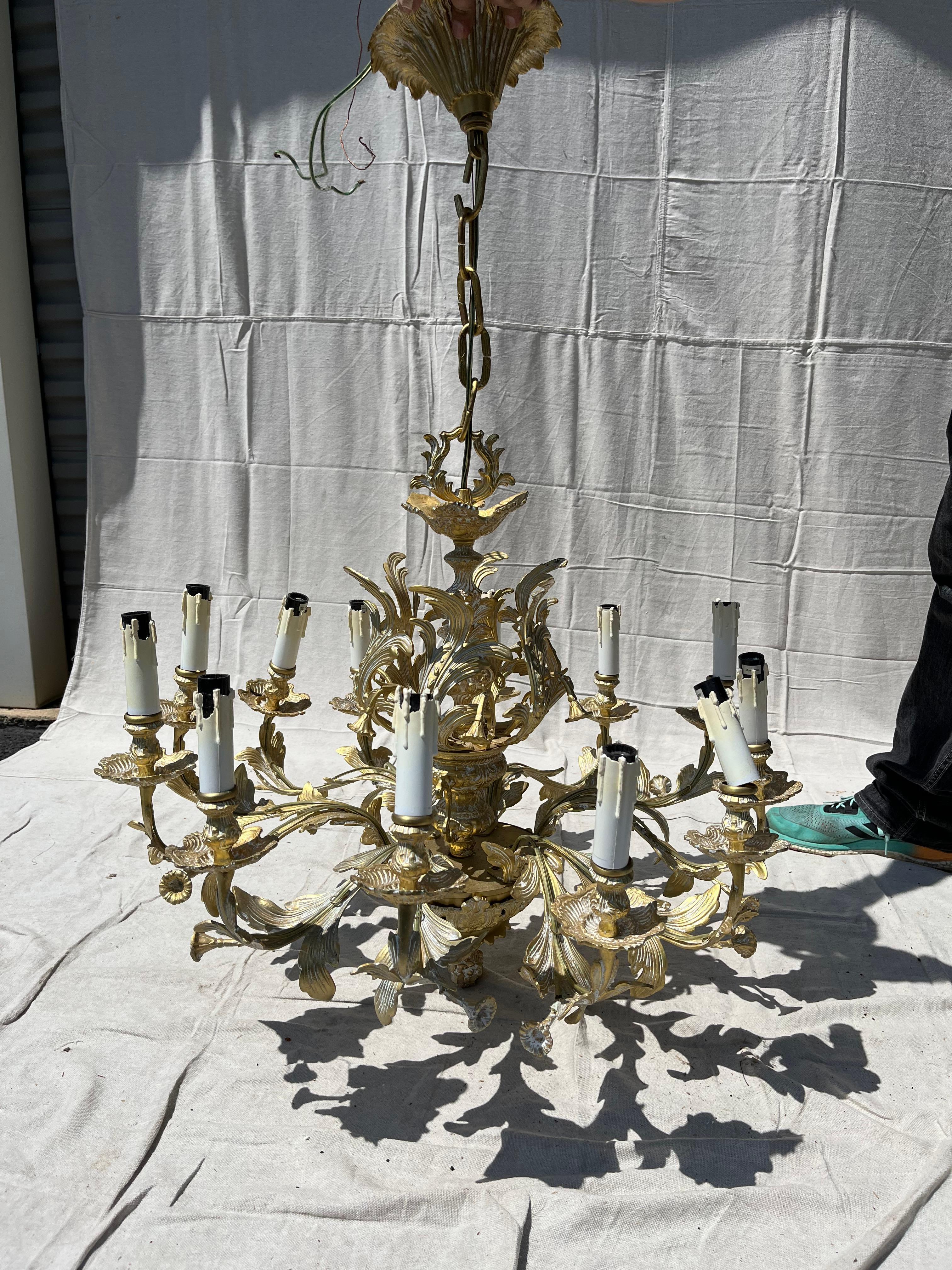 French Provincial Brass 12-Arm Chandelier For Sale