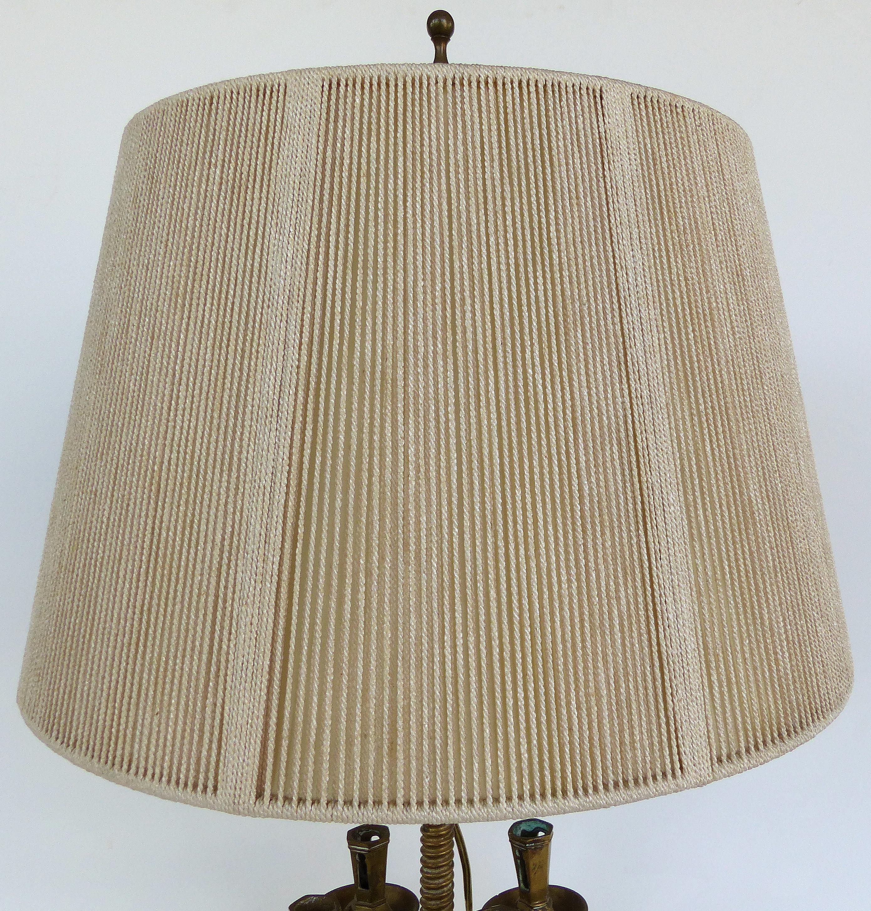 Brass 19th Century Candelabra Mounted as a Table Lamp, Including a String Shade 4