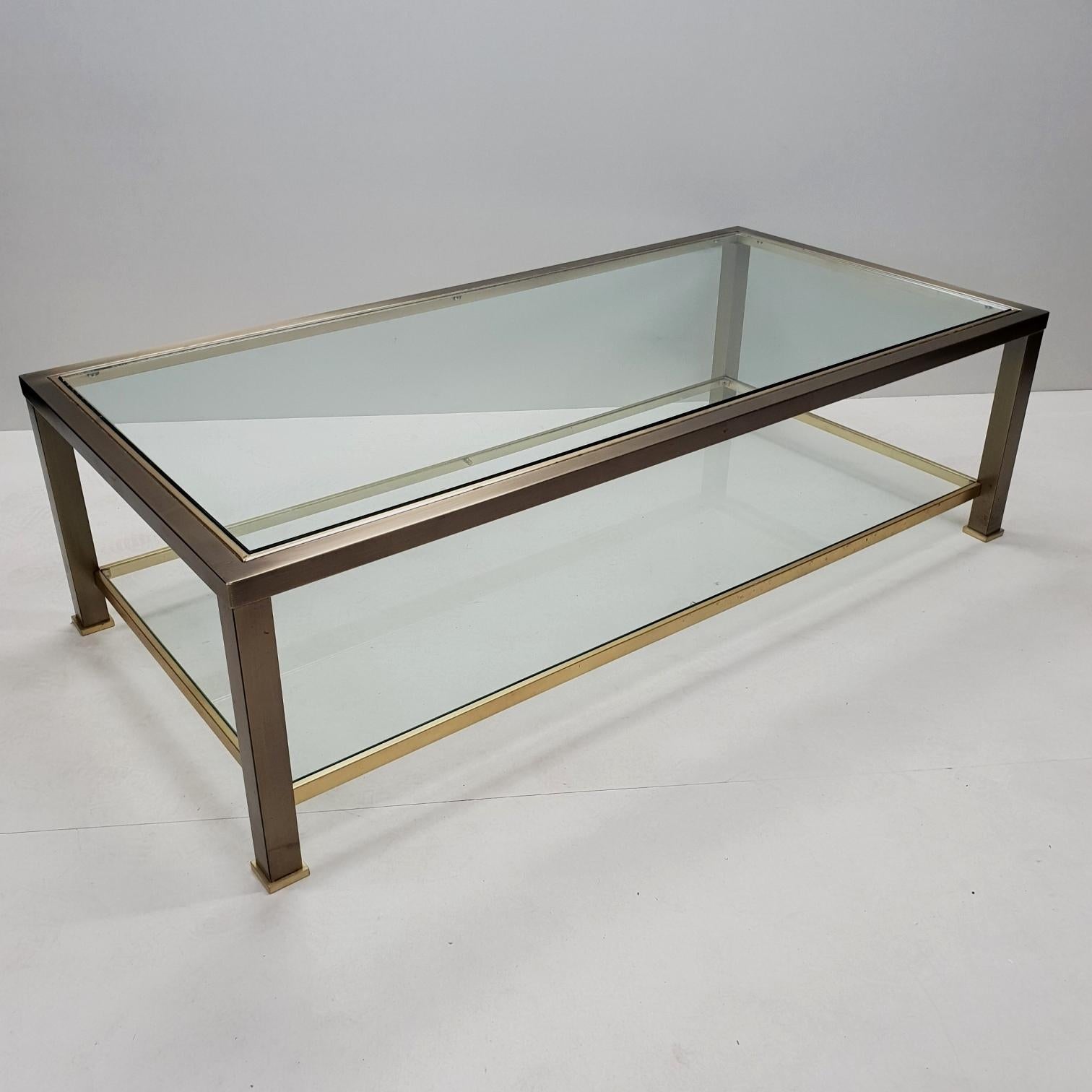 Brass 2-Tiers Coffee Table with Cut Glass from Belgo Chrom, 1980s For Sale 3