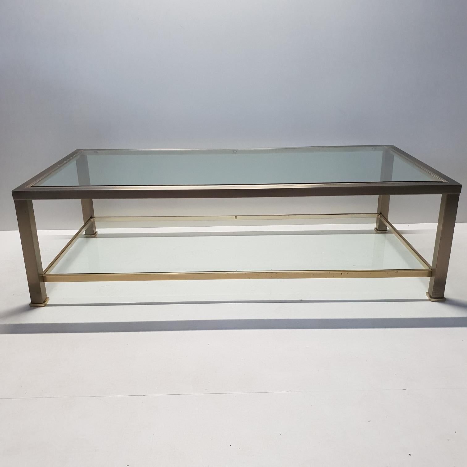 Brushed Brass 2-Tiers Coffee Table with Cut Glass from Belgo Chrom, 1980s For Sale