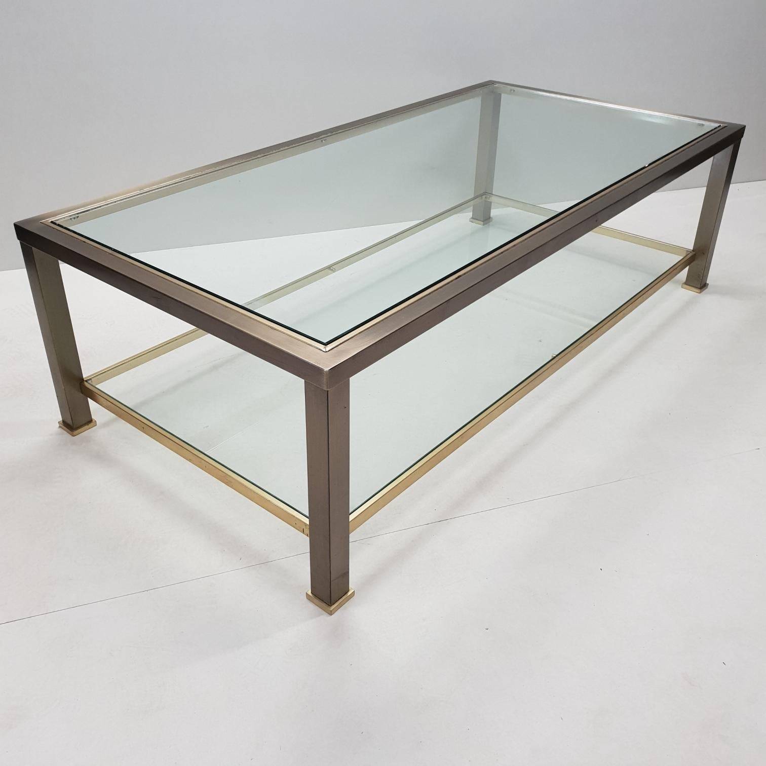 20th Century Brass 2-Tiers Coffee Table with Cut Glass from Belgo Chrom, 1980s For Sale