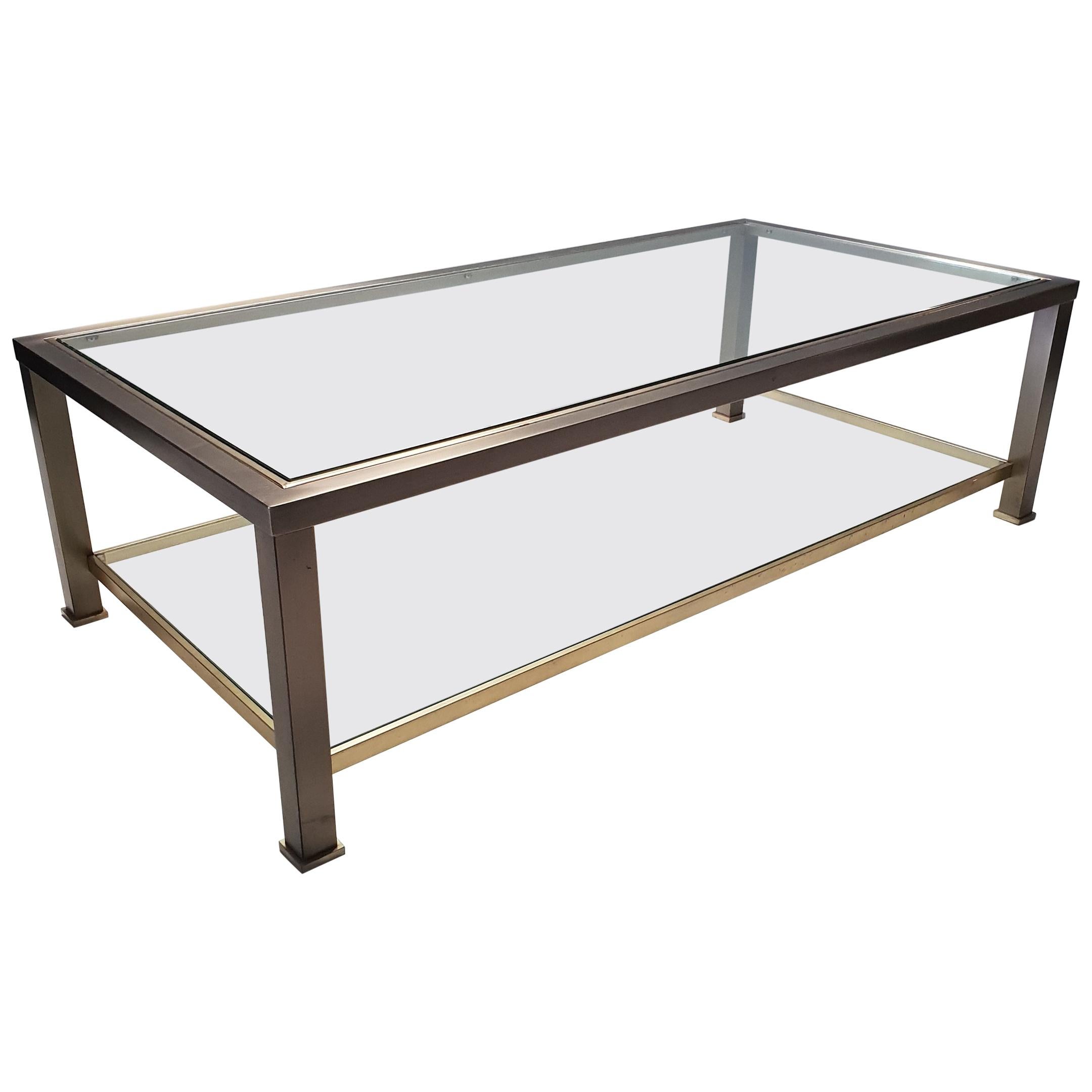 Brass 2-Tiers Coffee Table with Cut Glass from Belgo Chrom, 1980s For Sale
