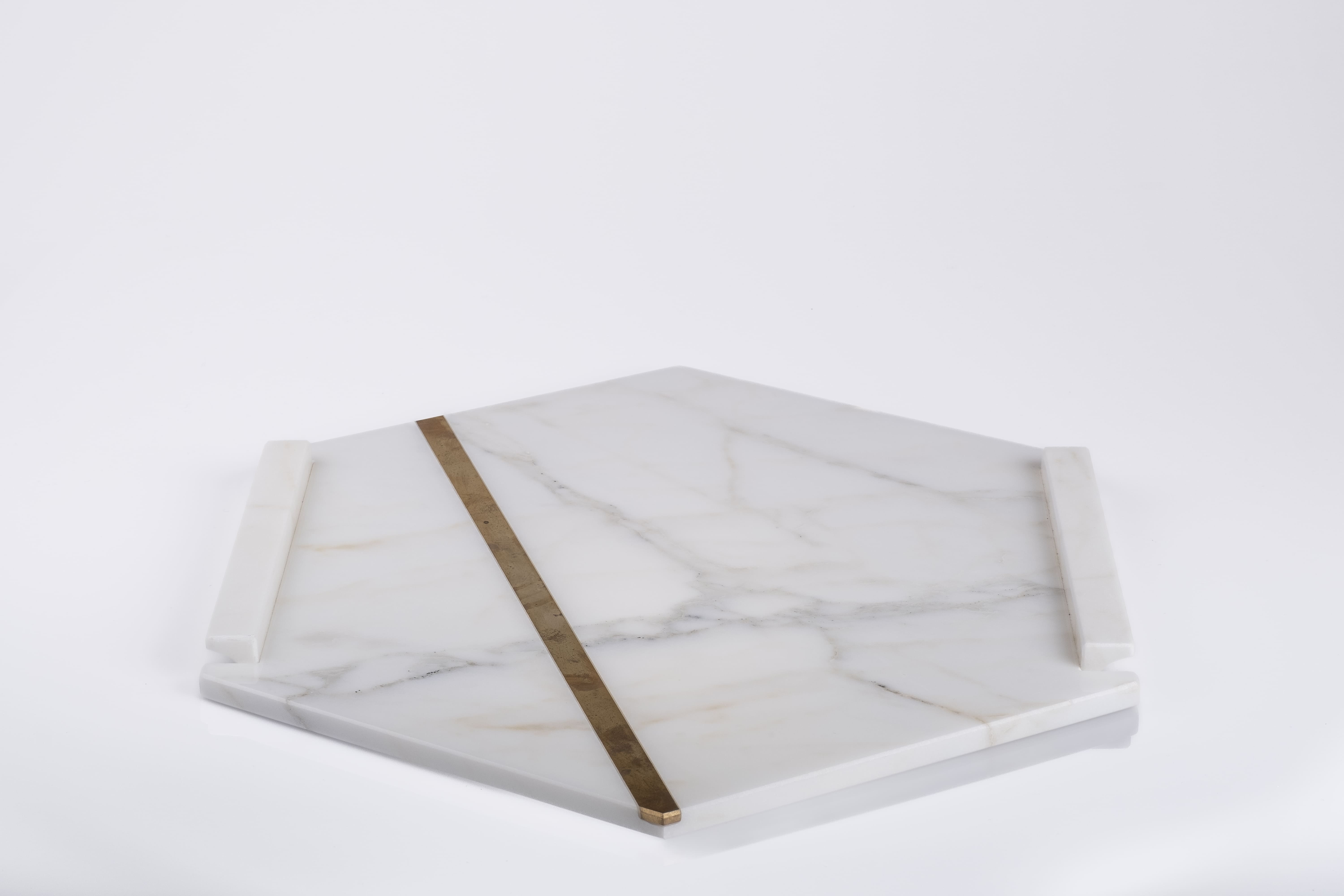 "Brass" - 21st Century Hexagonal Calacatta Oro Marble Tray with Brass  For Sale