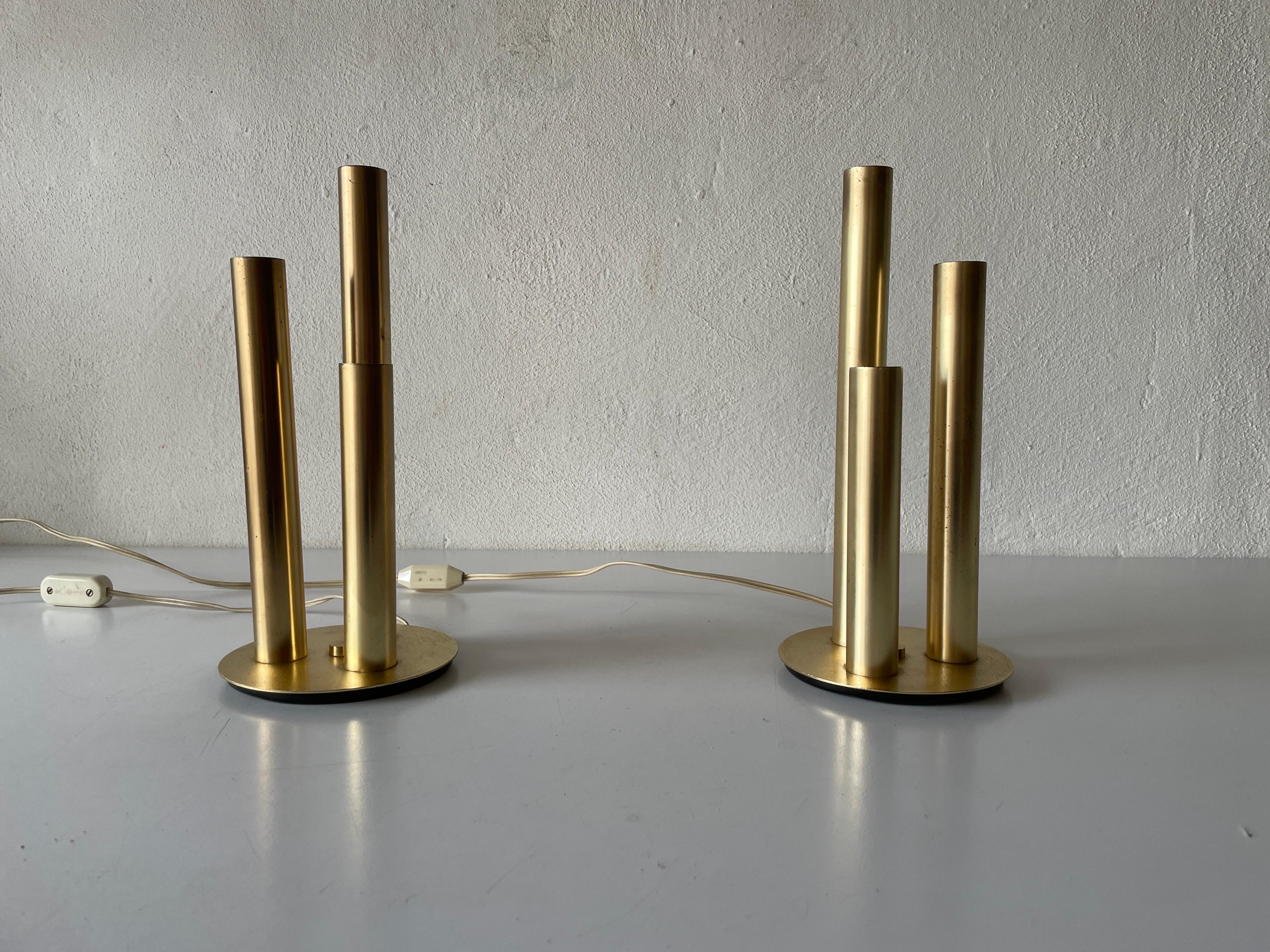 Mid-20th Century Brass 3 Cylinder Modernist Pair of Table Lamps, 1960s, Italy For Sale