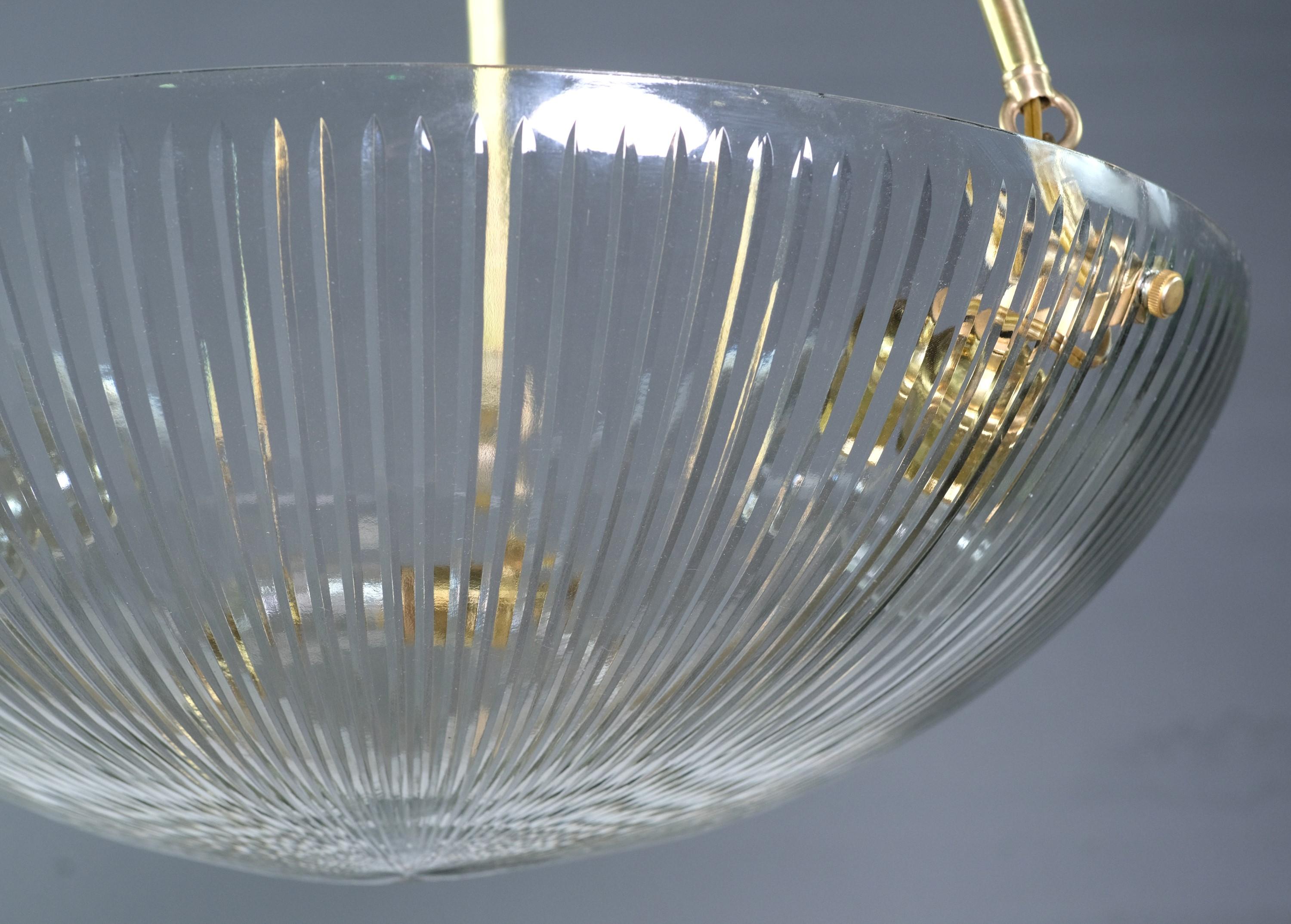 Modern Brass 3 Legged Pendant Light Fluted Clear Glass Dish Shade For Sale