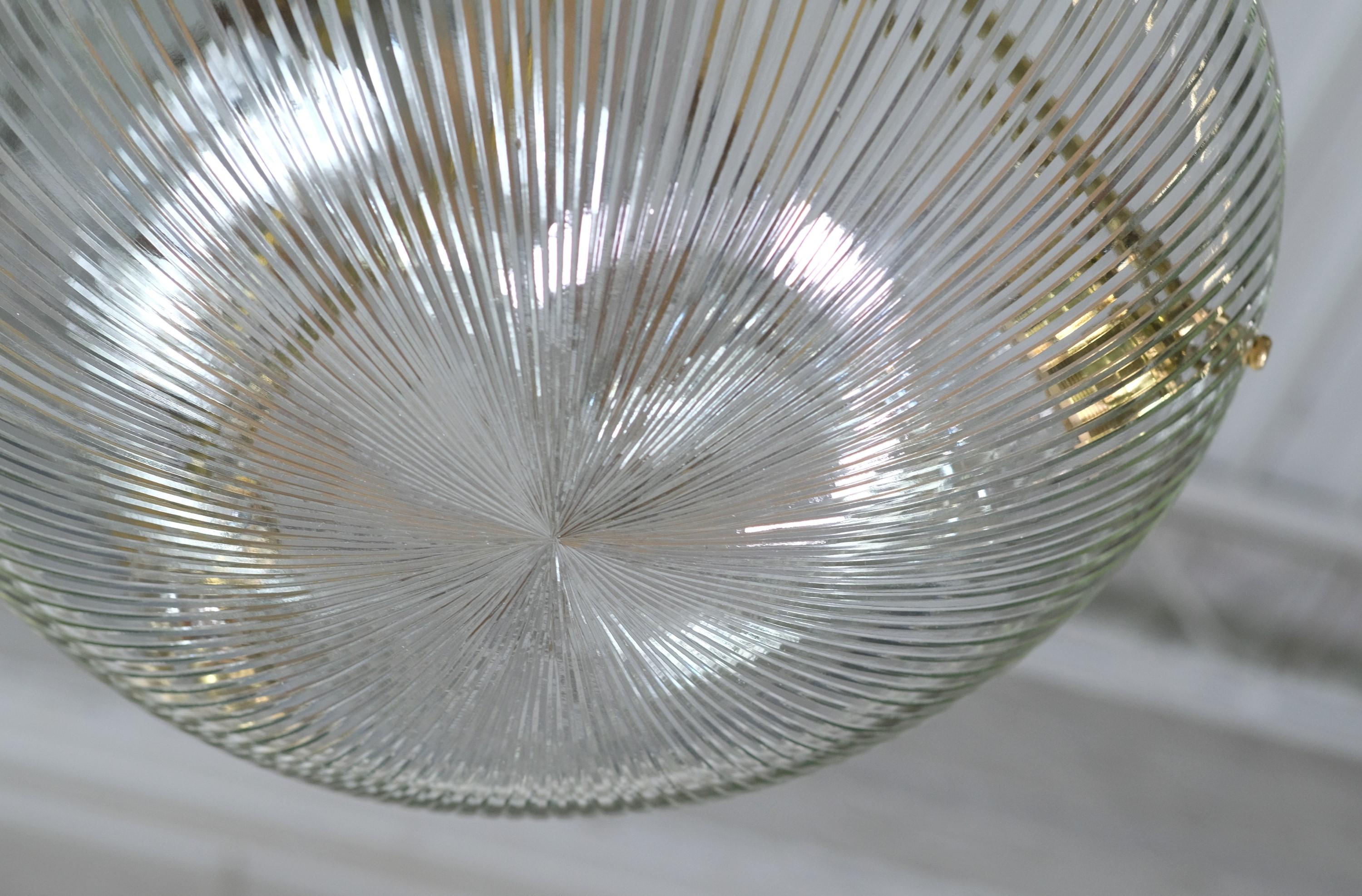 Brass 3 Legged Pendant Light Fluted Clear Glass Dish Shade For Sale 3