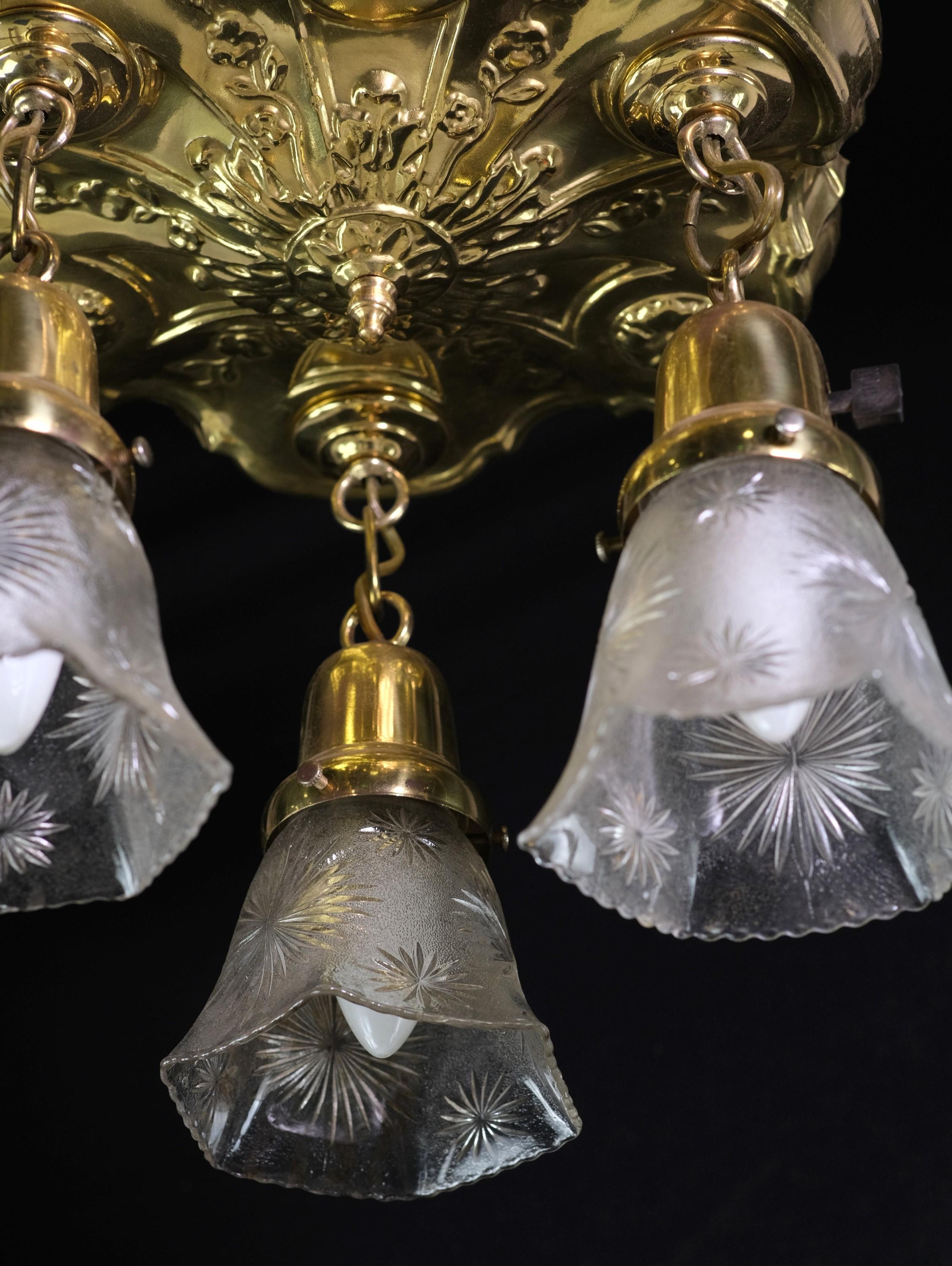 Brass 3 Light Pan Pendant Flush Mount Glass Shades Stair Design In Good Condition In New York, NY