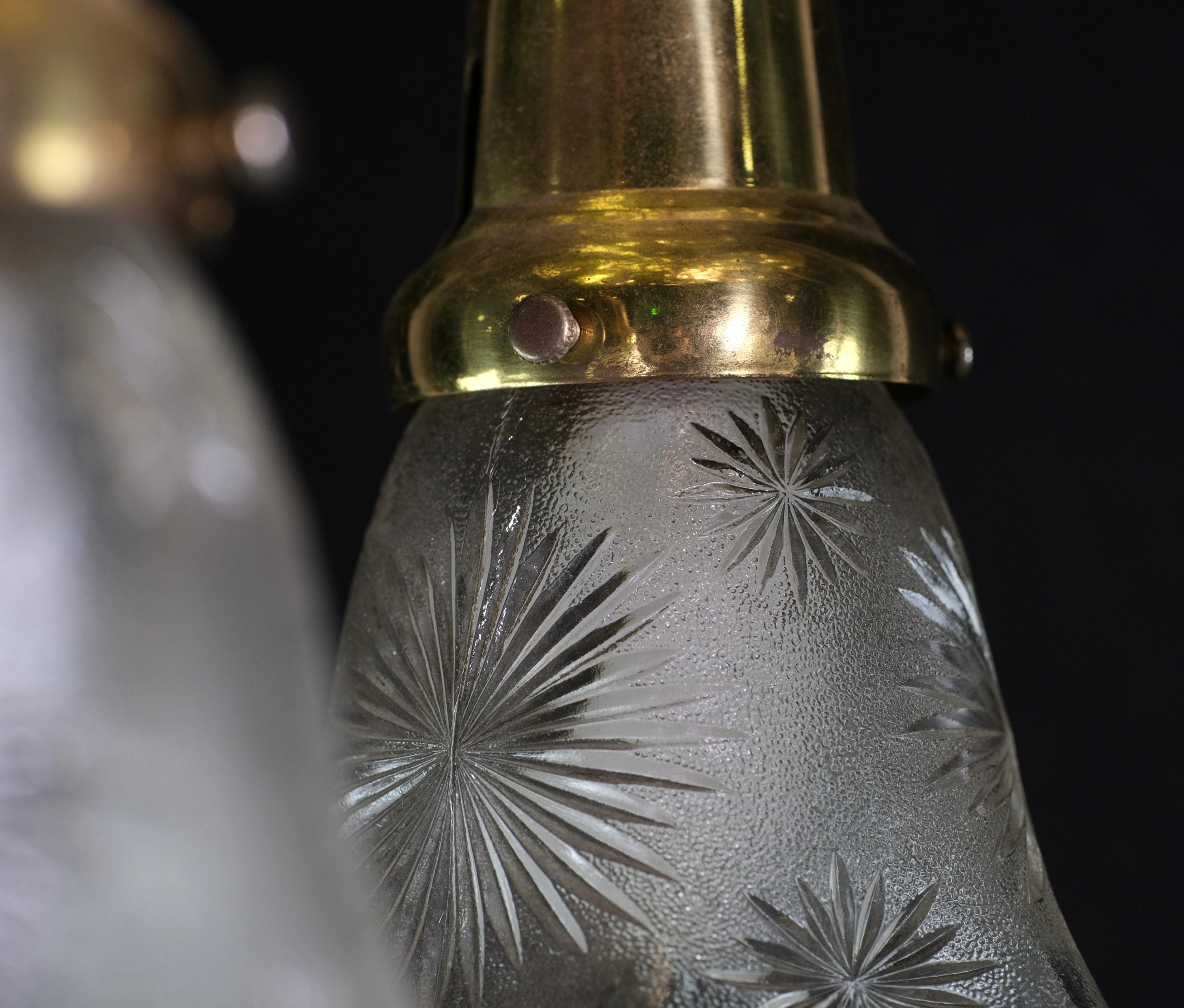 Mid-20th Century Brass 3 Light Pan Pendant Flush Mount Glass Shades Stair Design