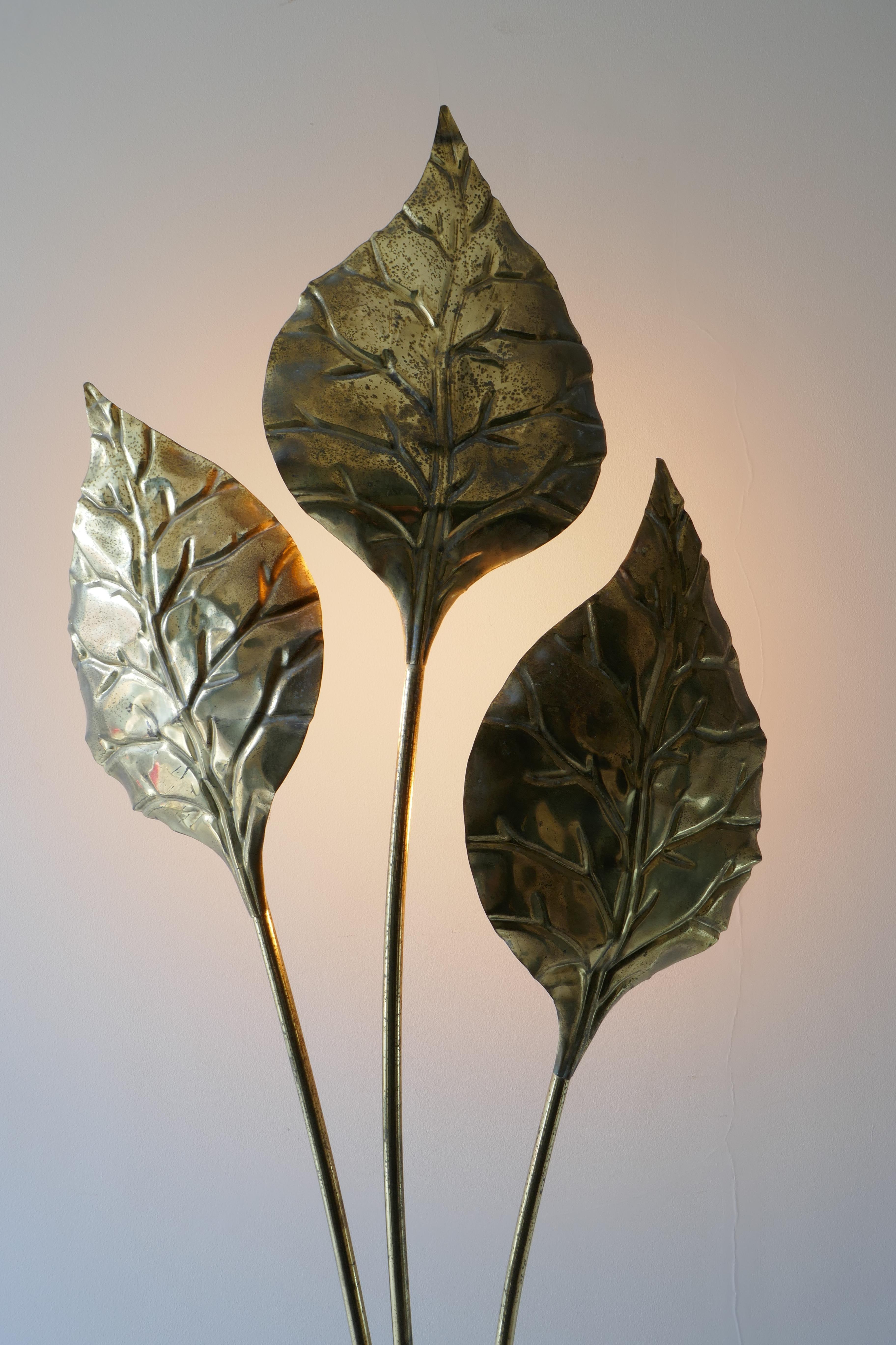 Brass 3 Lights, Leaf Shaped Floor Lamp, Tommaso Barbi Style, Italy, 1970s For Sale 4