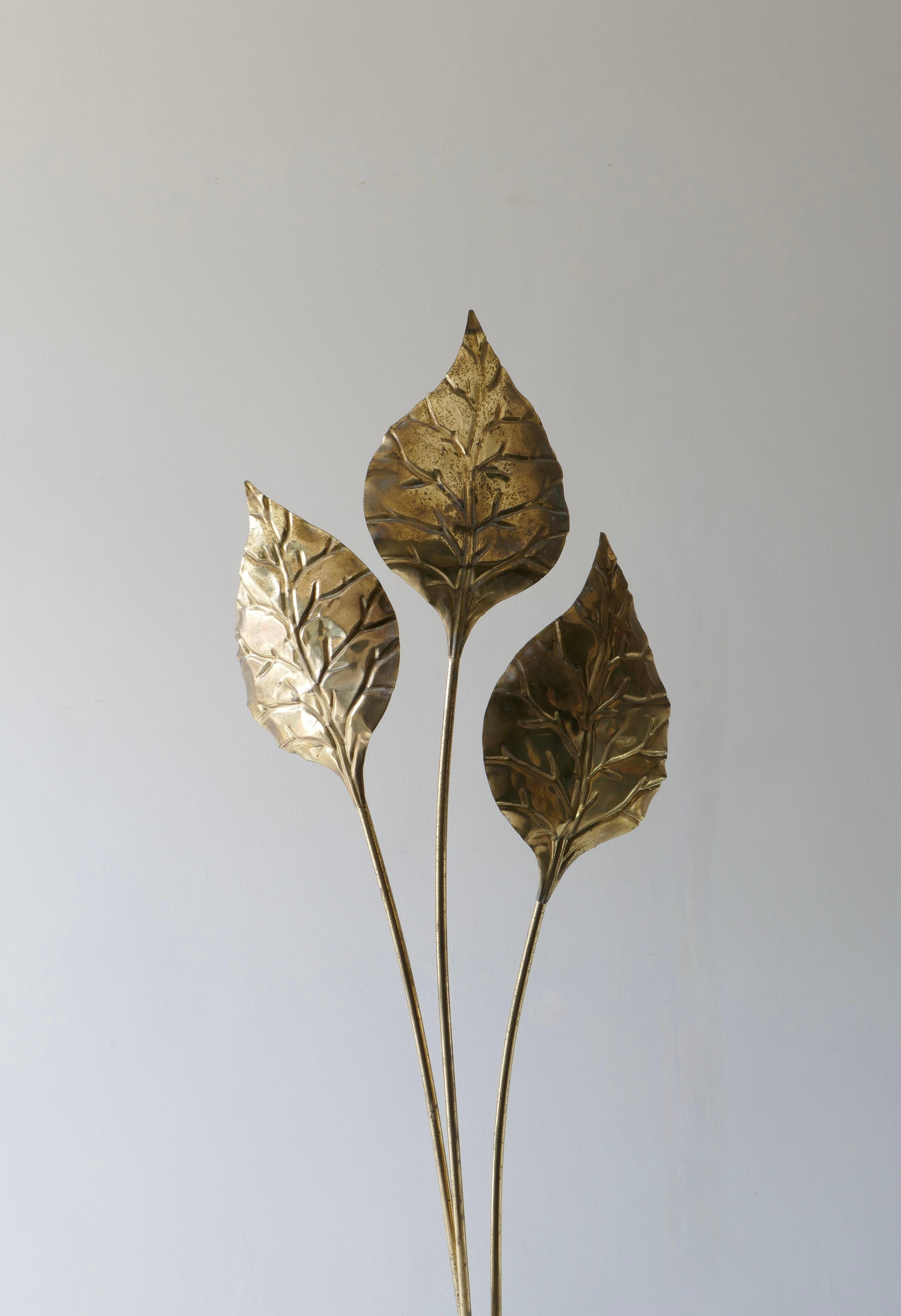 Italian Brass 3 Lights, Leaf Shaped Floor Lamp, Tommaso Barbi Style, Italy, 1970s For Sale