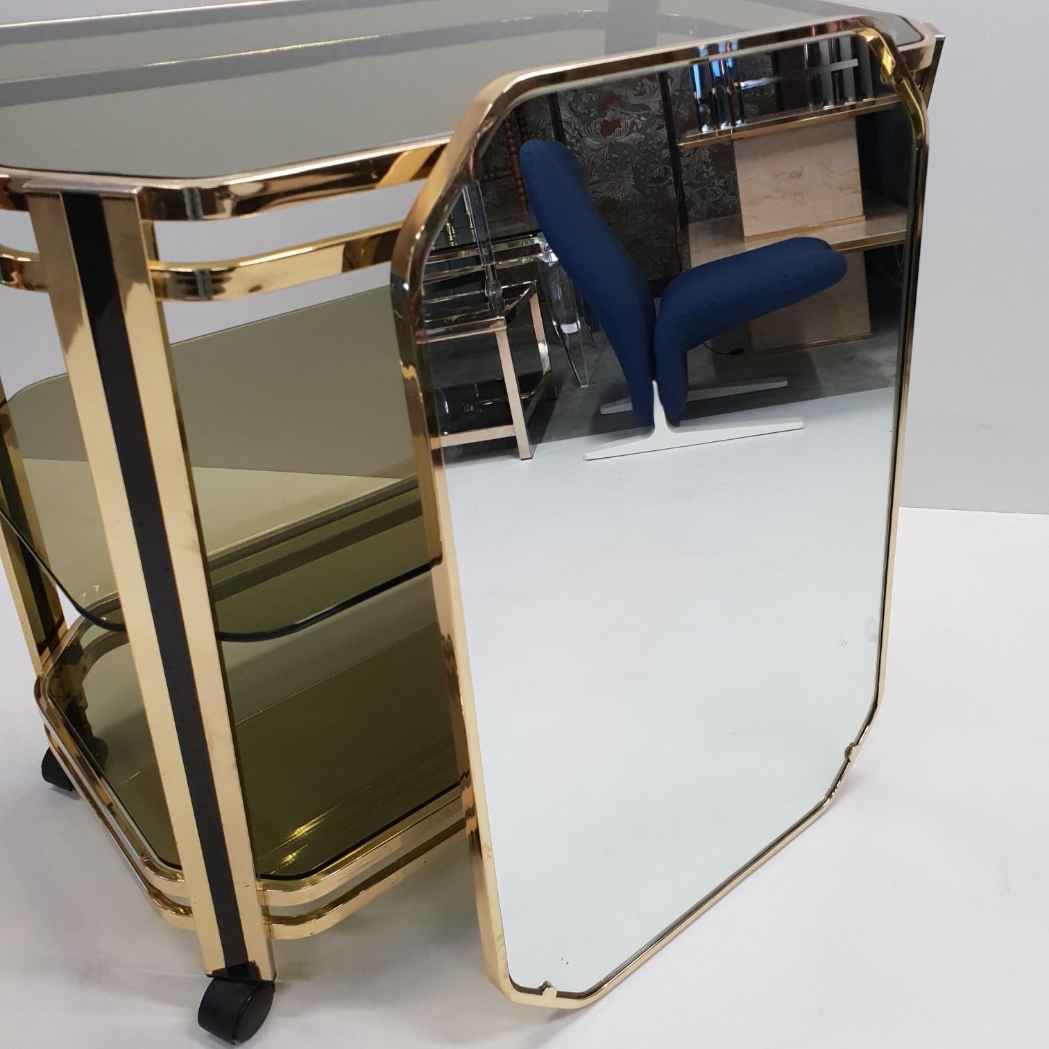 Brass 3-Tier Serving Trolley Bar Cart with Original Mirror, 1970s 4