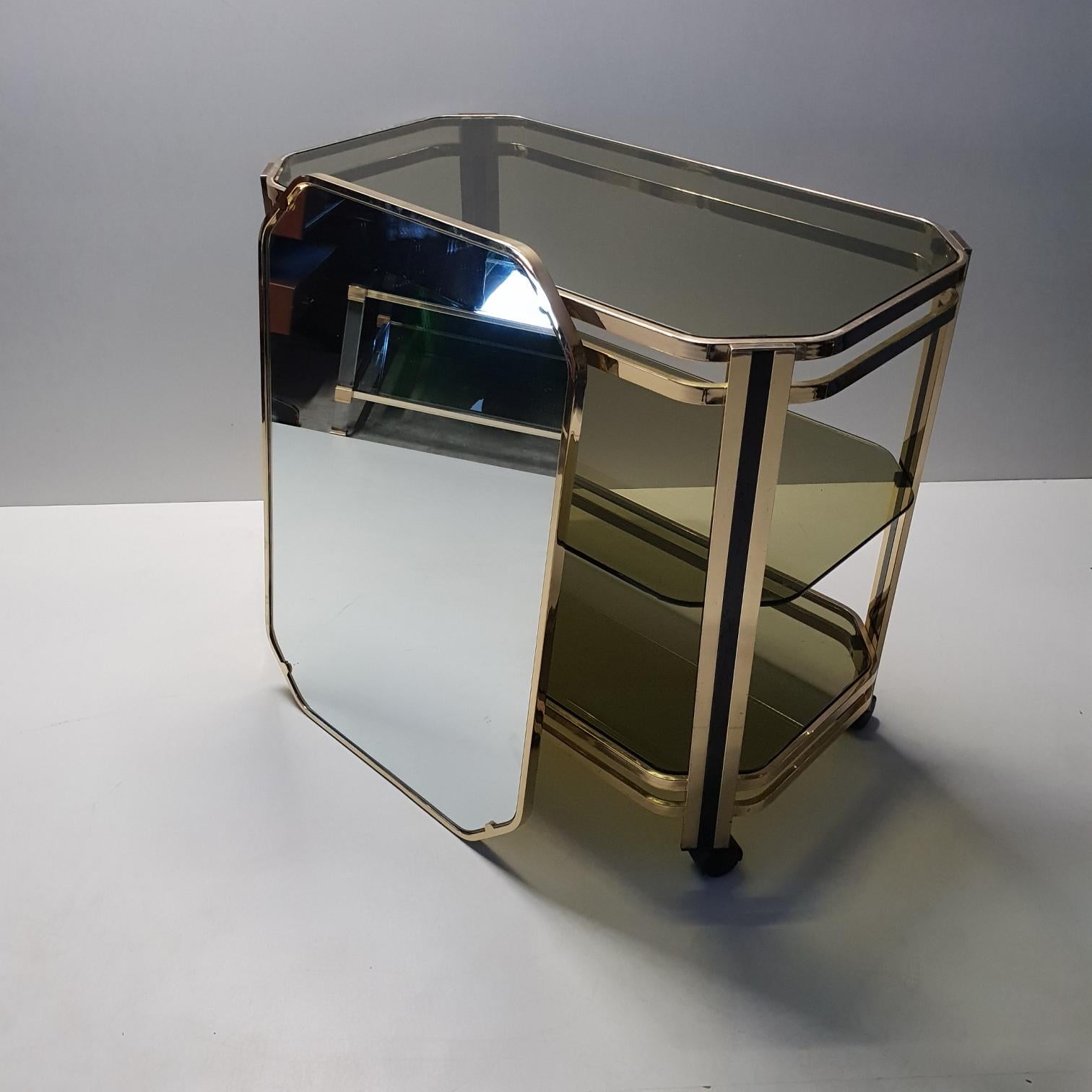 Brass 3-Tier Serving Trolley Bar Cart with Original Mirror, 1970s 5