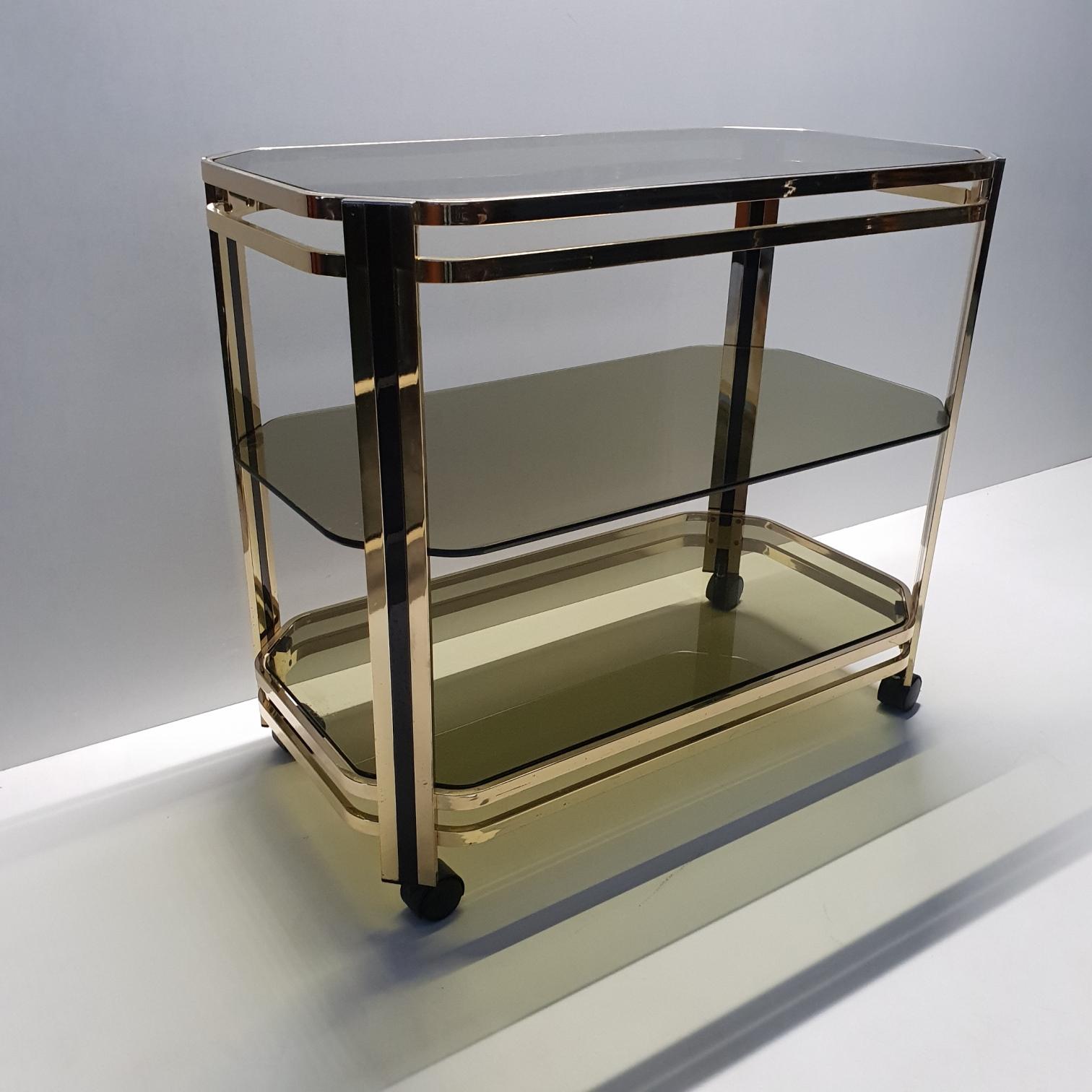 Brass 3-Tier Serving Trolley Bar Cart with Original Mirror, 1970s 6