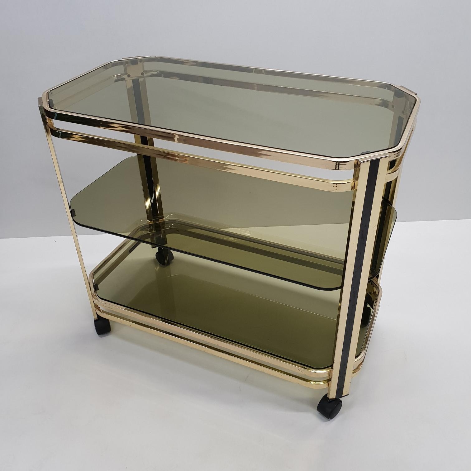 Hollywood Regency Brass 3-Tier Serving Trolley Bar Cart with Original Mirror, 1970s