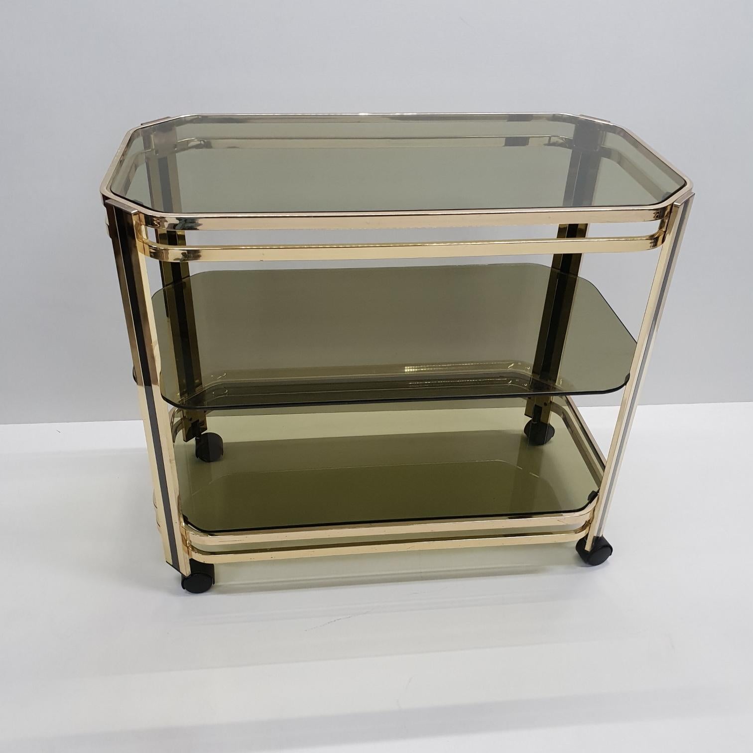 Italian Brass 3-Tier Serving Trolley Bar Cart with Original Mirror, 1970s