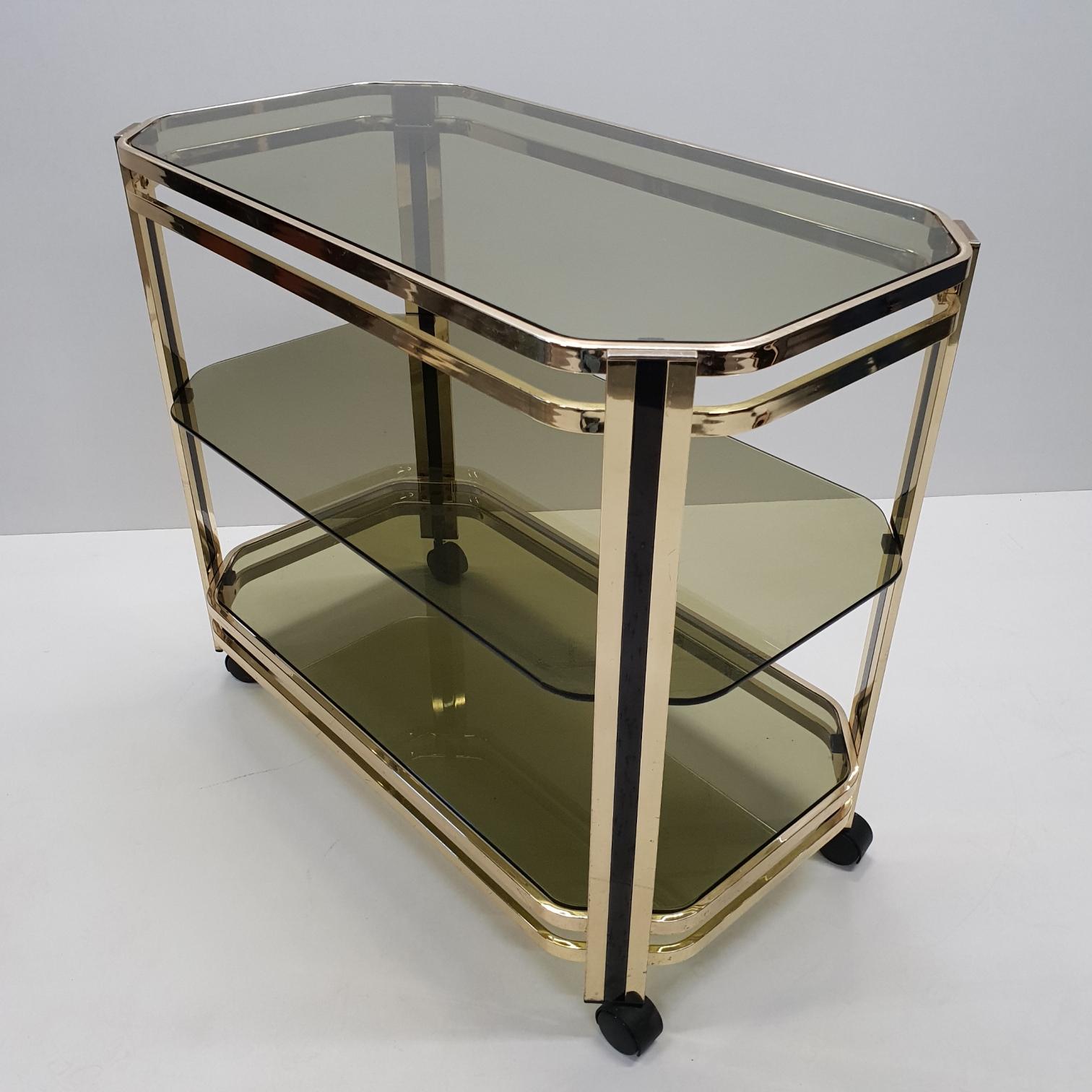 Brass 3-Tier Serving Trolley Bar Cart with Original Mirror, 1970s In Good Condition In Valkenswaard, NL