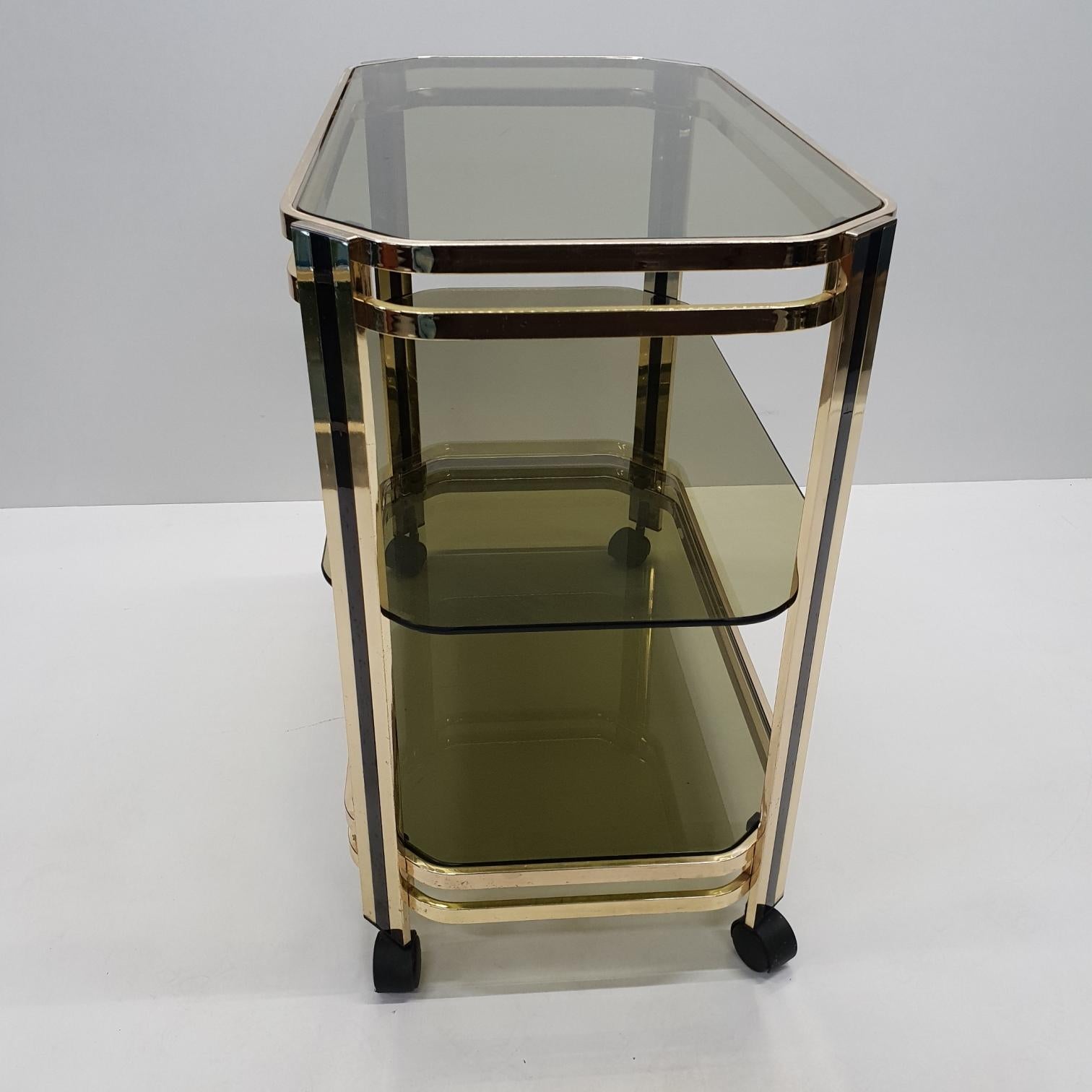 20th Century Brass 3-Tier Serving Trolley Bar Cart with Original Mirror, 1970s