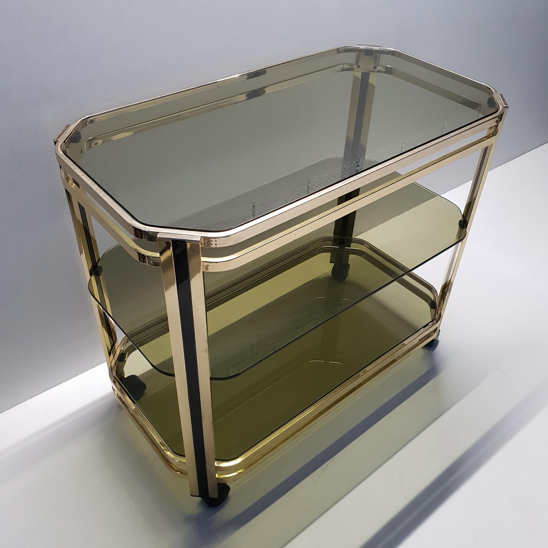 Brass 3-Tier Serving Trolley Bar Cart with Original Mirror, 1970s 1