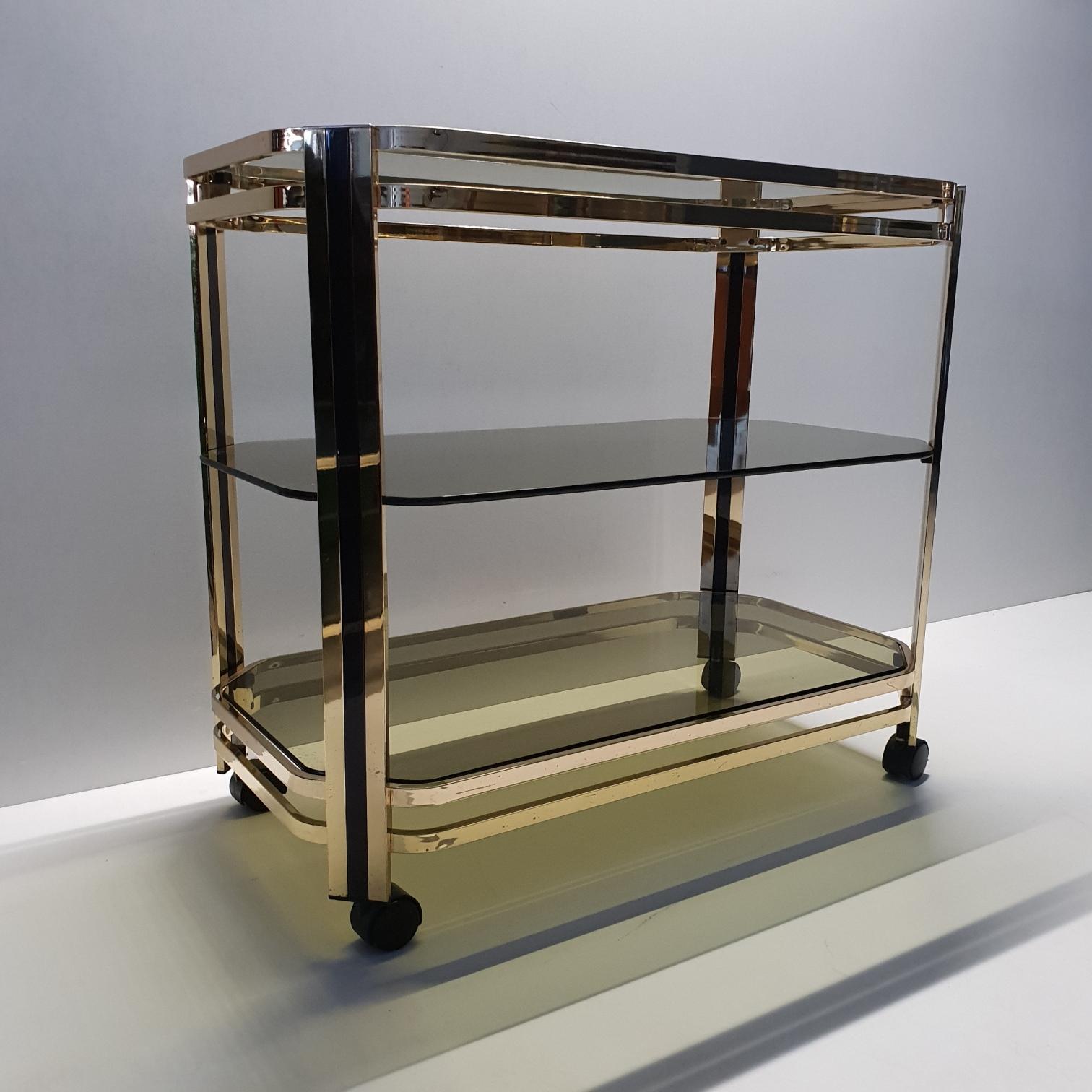 Brass 3-Tier Serving Trolley Bar Cart with Original Mirror, 1970s 2