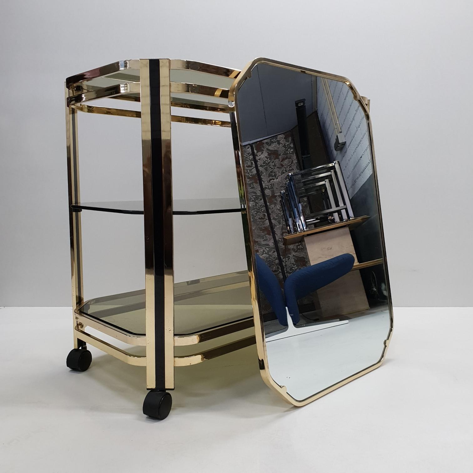 Brass 3-Tier Serving Trolley Bar Cart with Original Mirror, 1970s 3