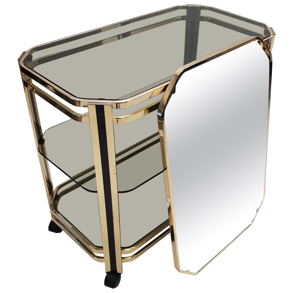 Brass 3-Tier Serving Trolley Bar Cart with Original Mirror, 1970s