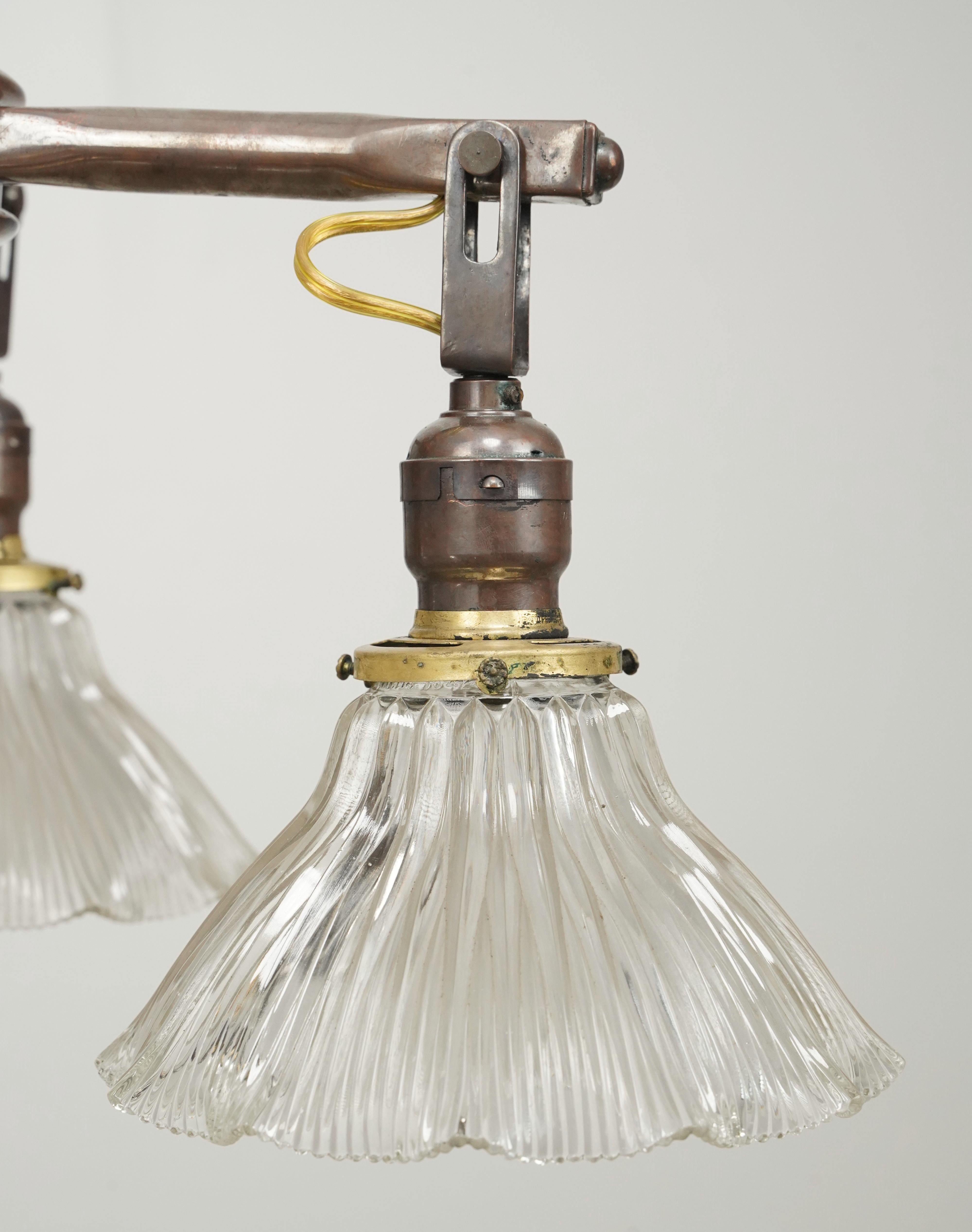 Brass 4 Arm Glass Ruffled Shades Pole Chandelier In Good Condition For Sale In New York, NY