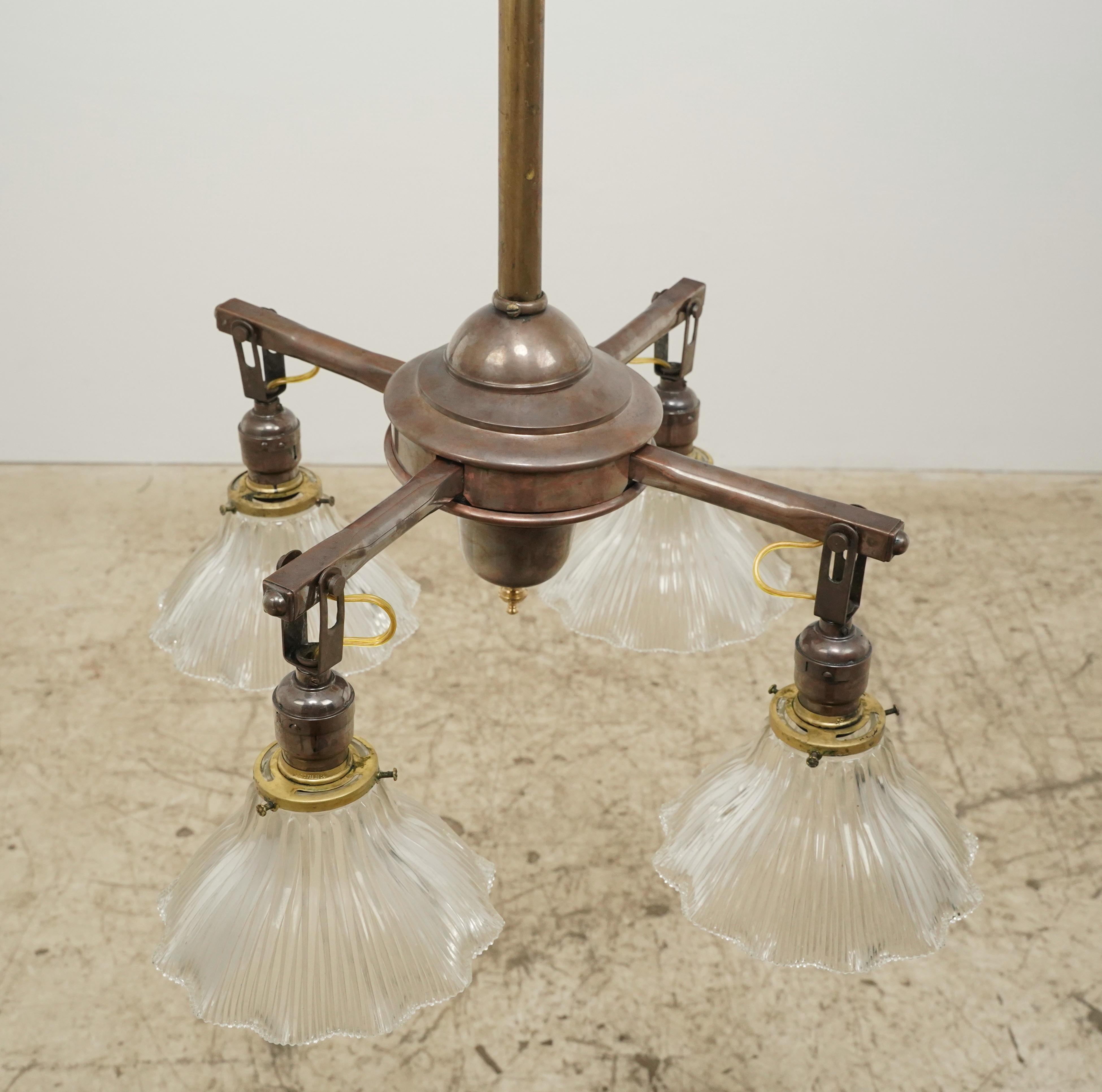 20th Century Brass 4 Arm Glass Ruffled Shades Pole Chandelier For Sale