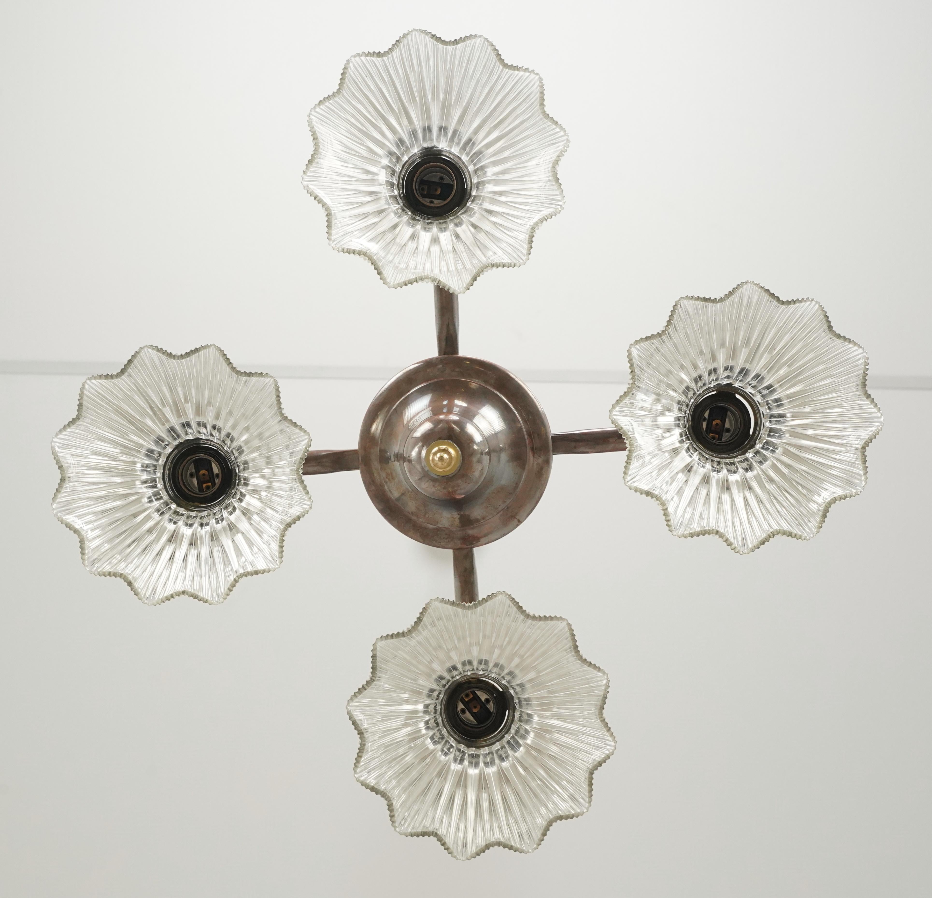 Brass 4 Arm Glass Ruffled Shades Pole Chandelier For Sale 1