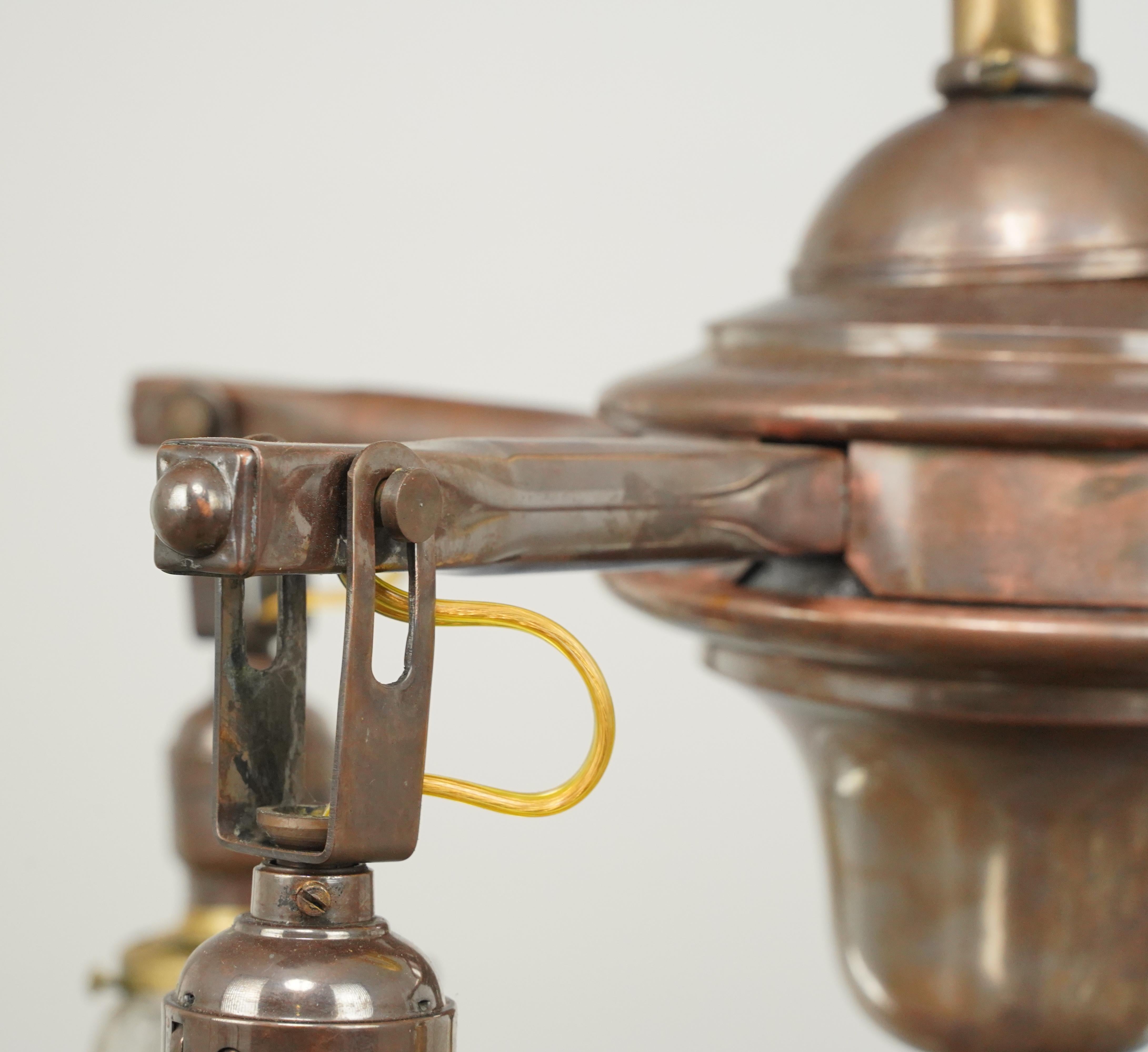 Brass 4 Arm Glass Ruffled Shades Pole Chandelier For Sale 2