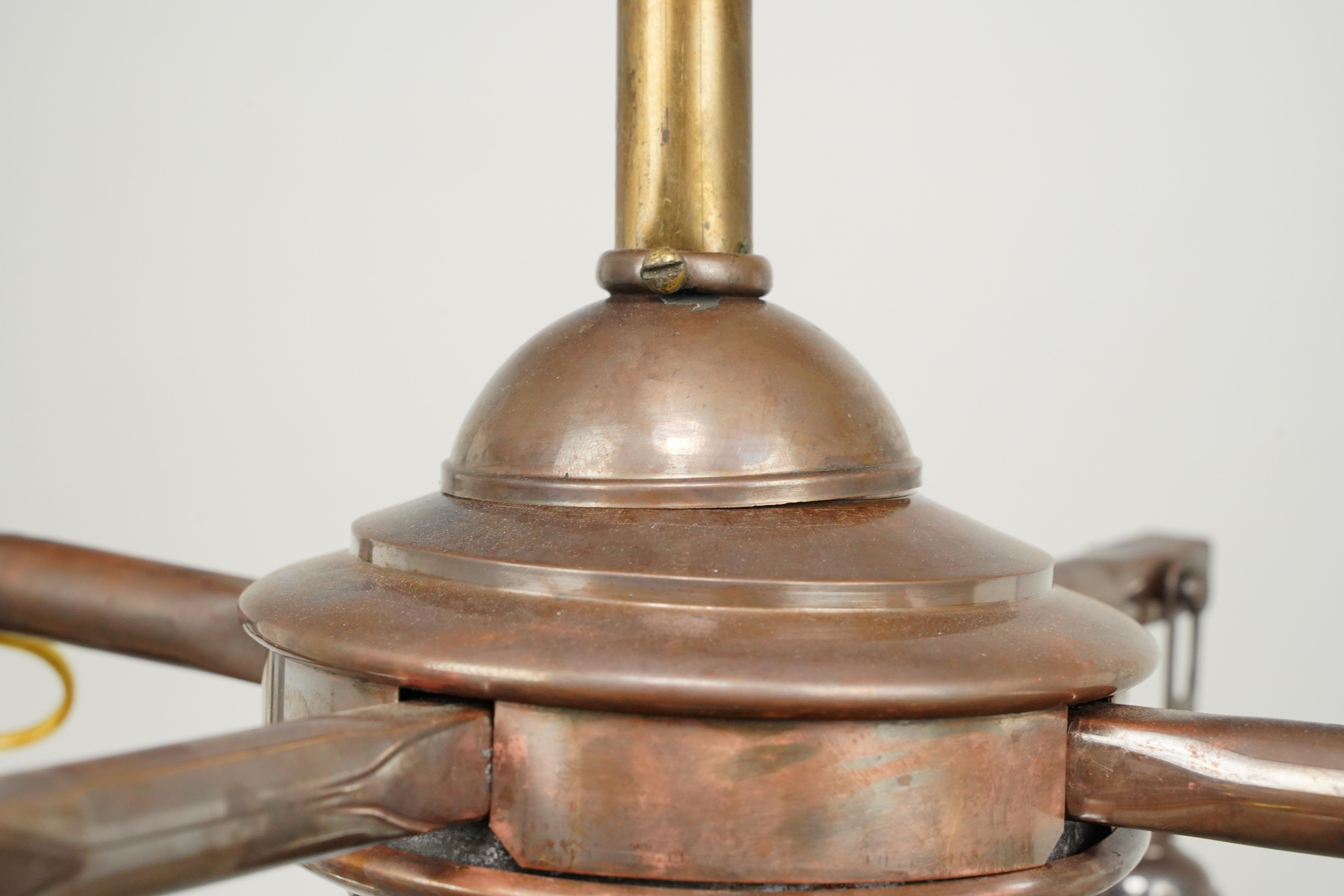 Brass 4 Arm Glass Ruffled Shades Pole Chandelier For Sale 3