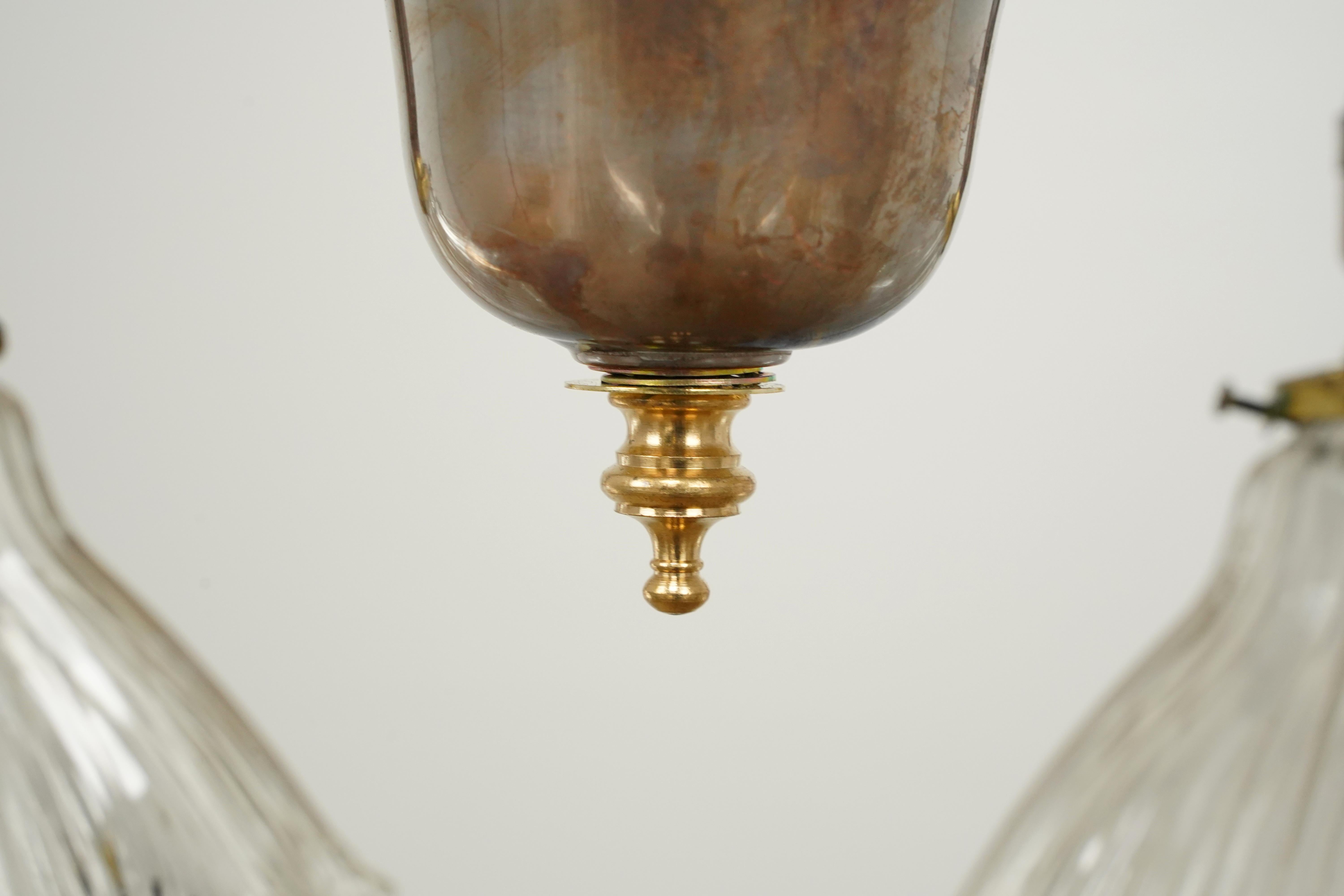 Brass 4 Arm Glass Ruffled Shades Pole Chandelier For Sale 4