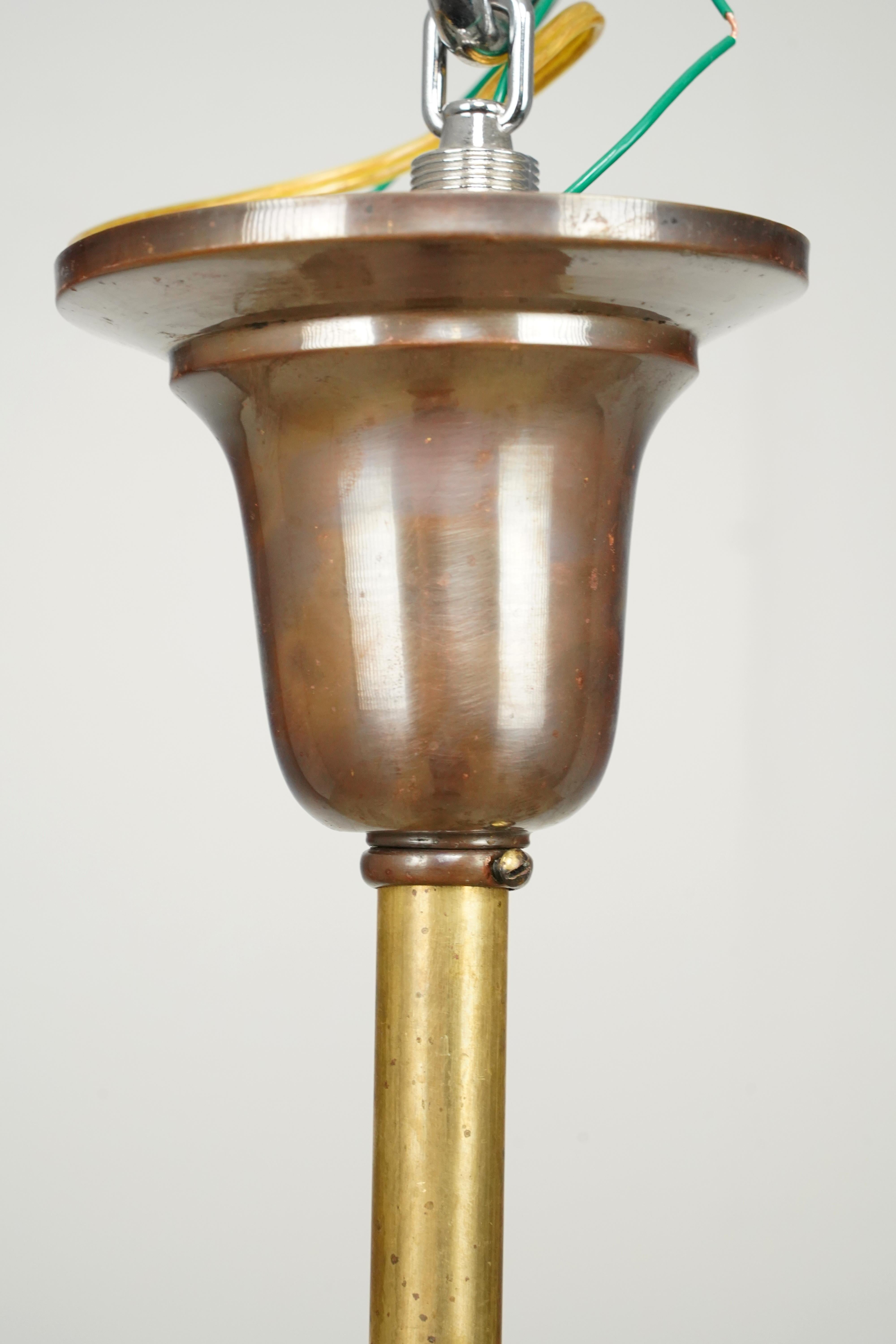 Brass 4 Arm Glass Ruffled Shades Pole Chandelier For Sale 5
