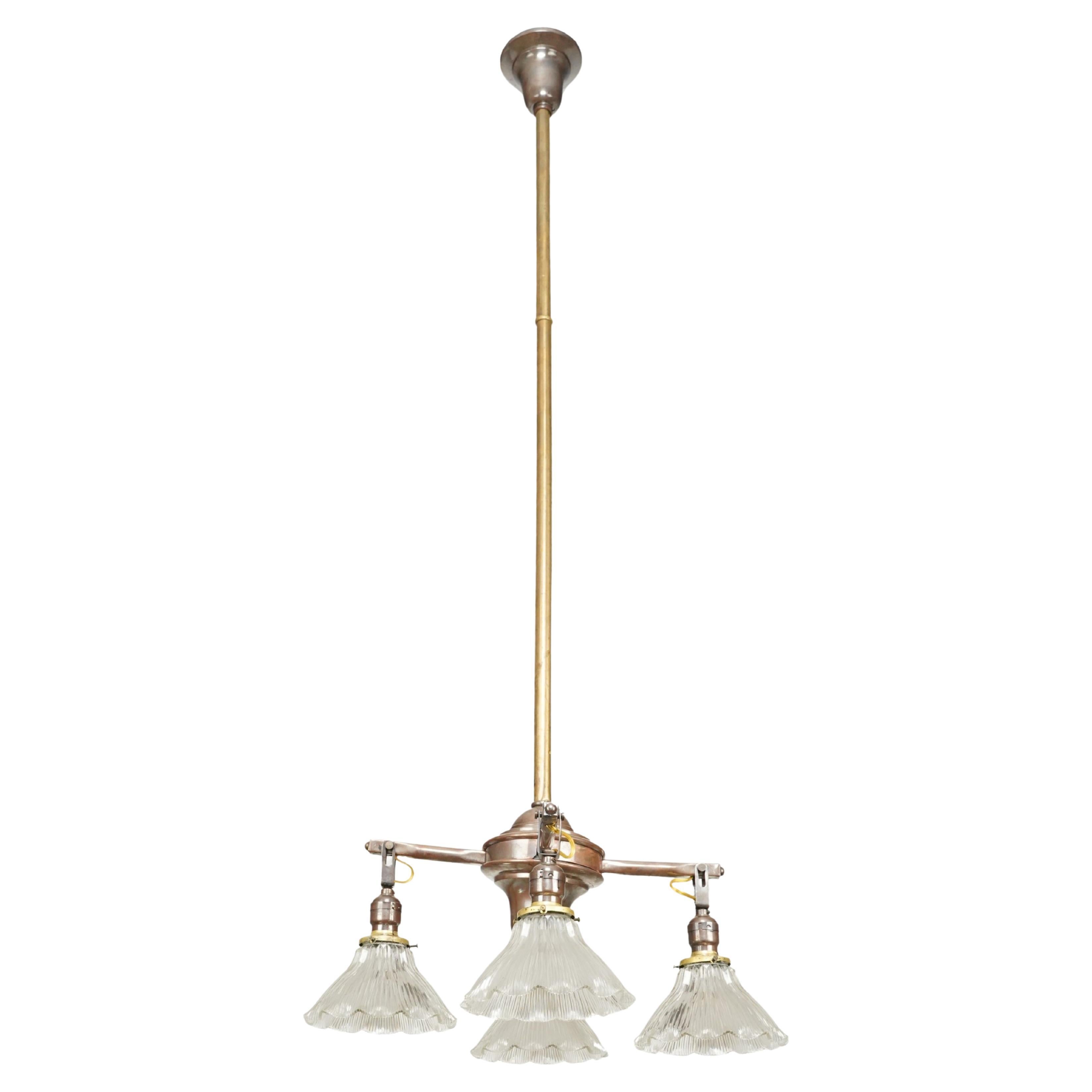 Brass 4 Arm Glass Ruffled Shades Pole Chandelier