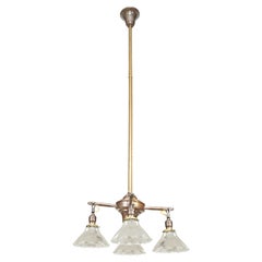 Vintage Brass 4 Arm Glass Ruffled Shades Pole Chandelier